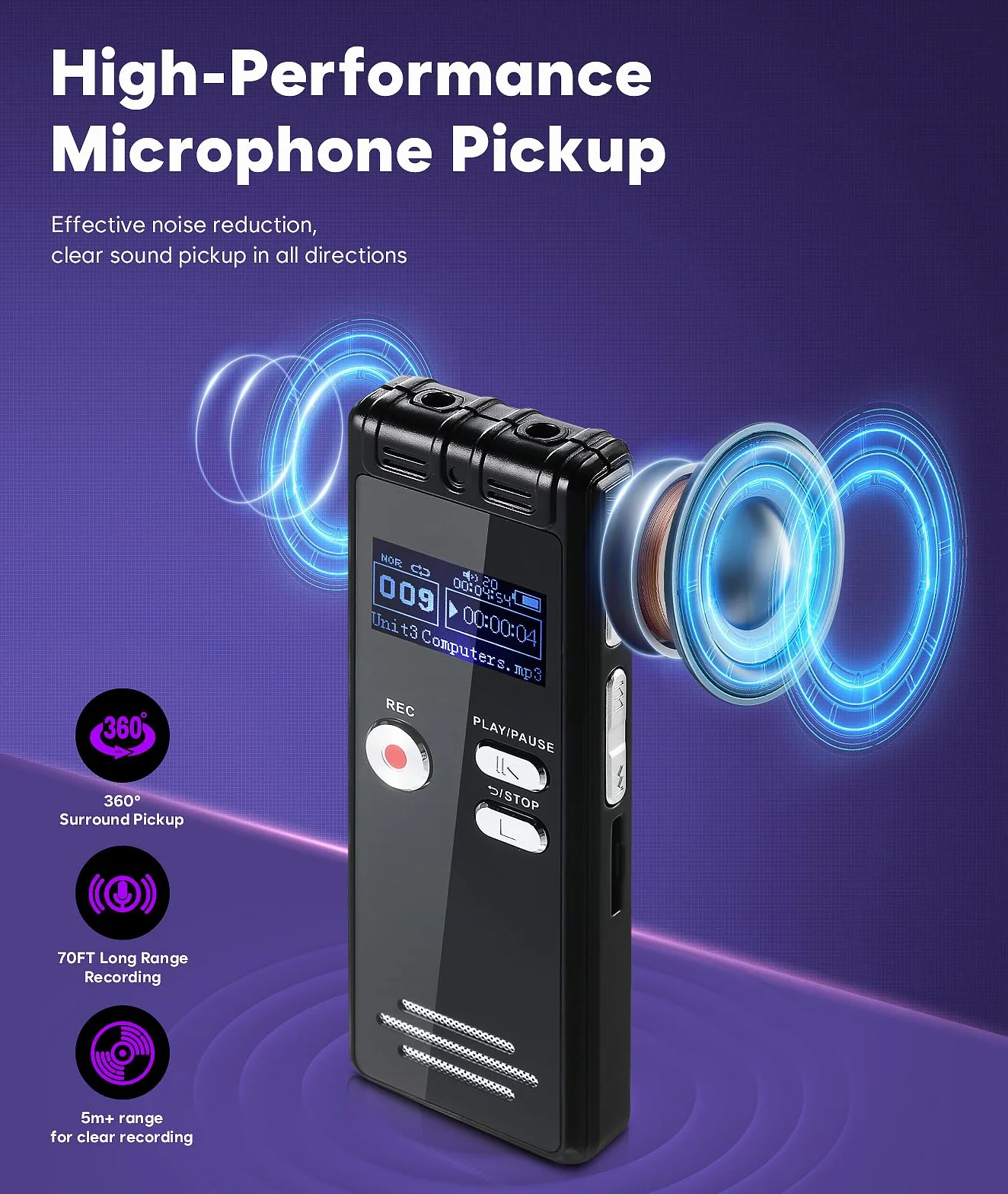 Dictaphone 64G 1536 kbps Enregistreur Vocal Numérique Type-C One-Touch HD Dual MIC