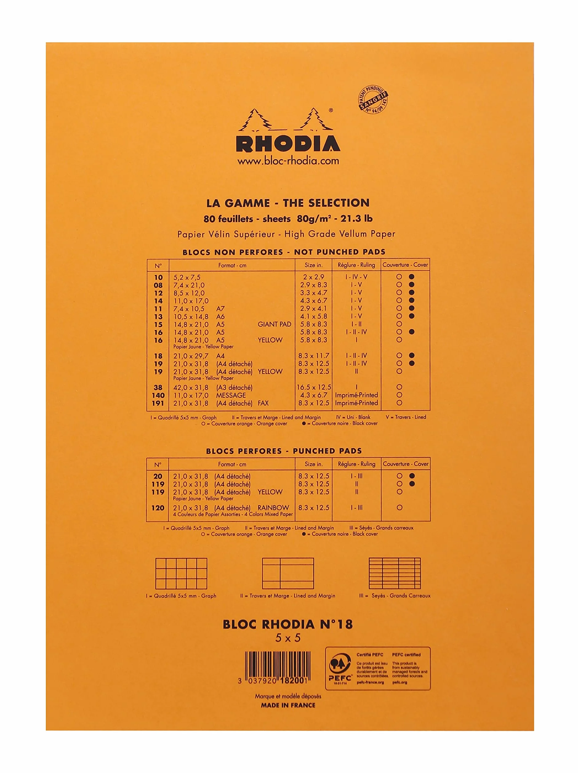 Rhodia Bloc-Notes Agrafé N°18 Orange A4 Petits Carreaux 80 Feuilles Papier Clairefontaine 80 g/m² Paquet de 5 blocs