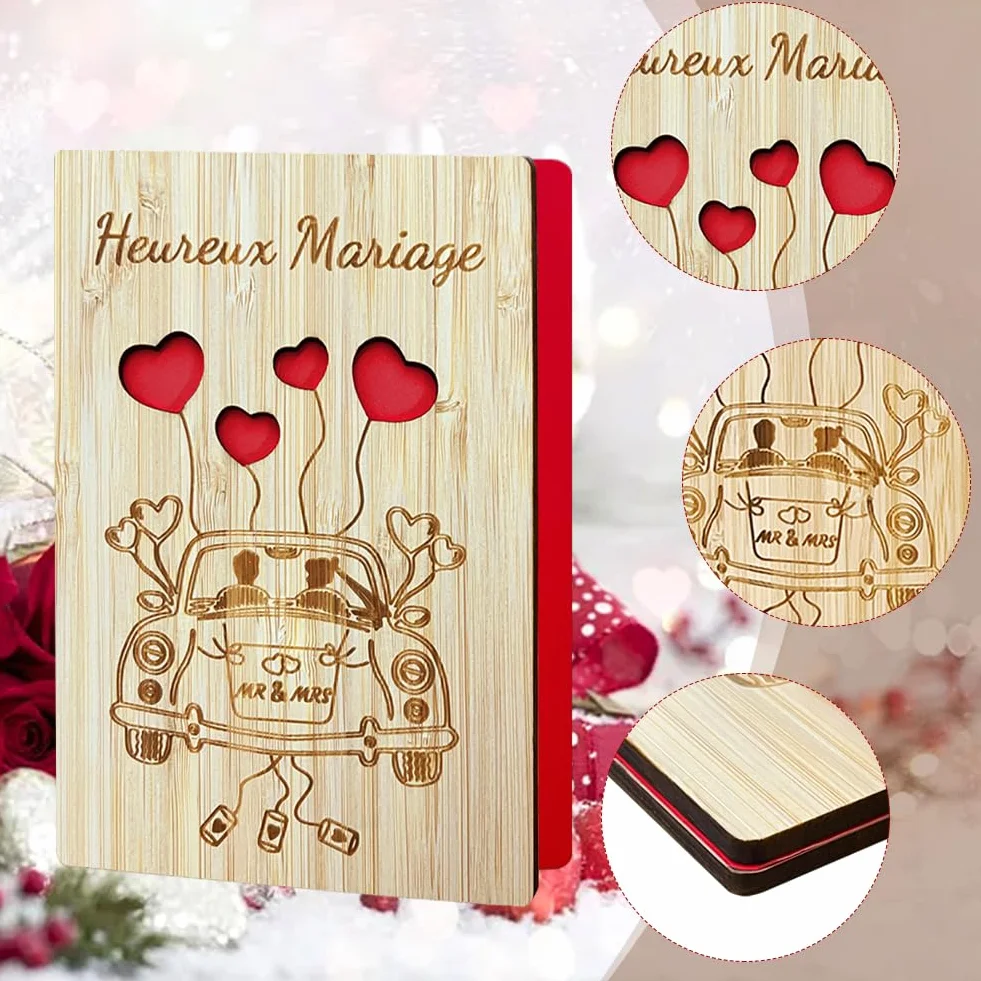 Carte de Vœux Mariage en Bois Originale avec Enveloppe, Carte Félicitation Mariage