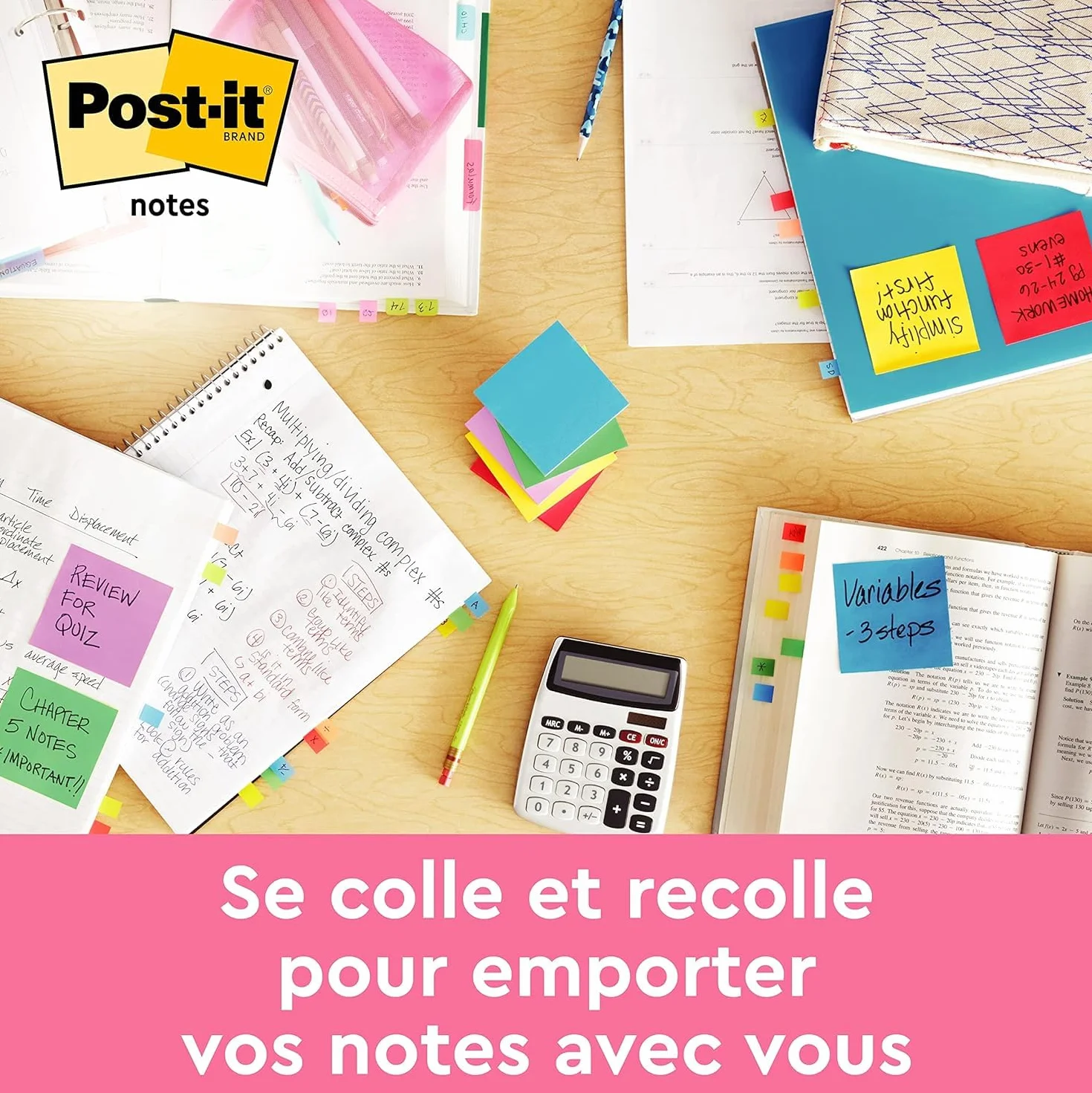 Post-it Notes Autocollantes 450 Feuilles 76 mm x 76 mm Rose Vert Bleu Jaune
