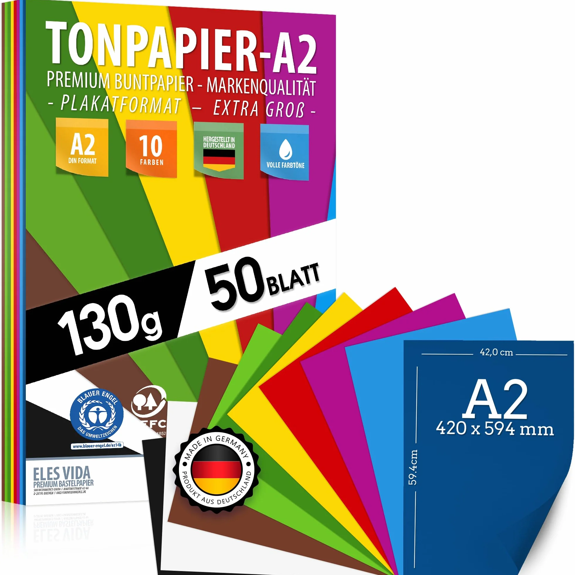 Papier coloré DIN A2 130g/m² 10 couleurs ensemble de papier de construction MADE IN GERMANY