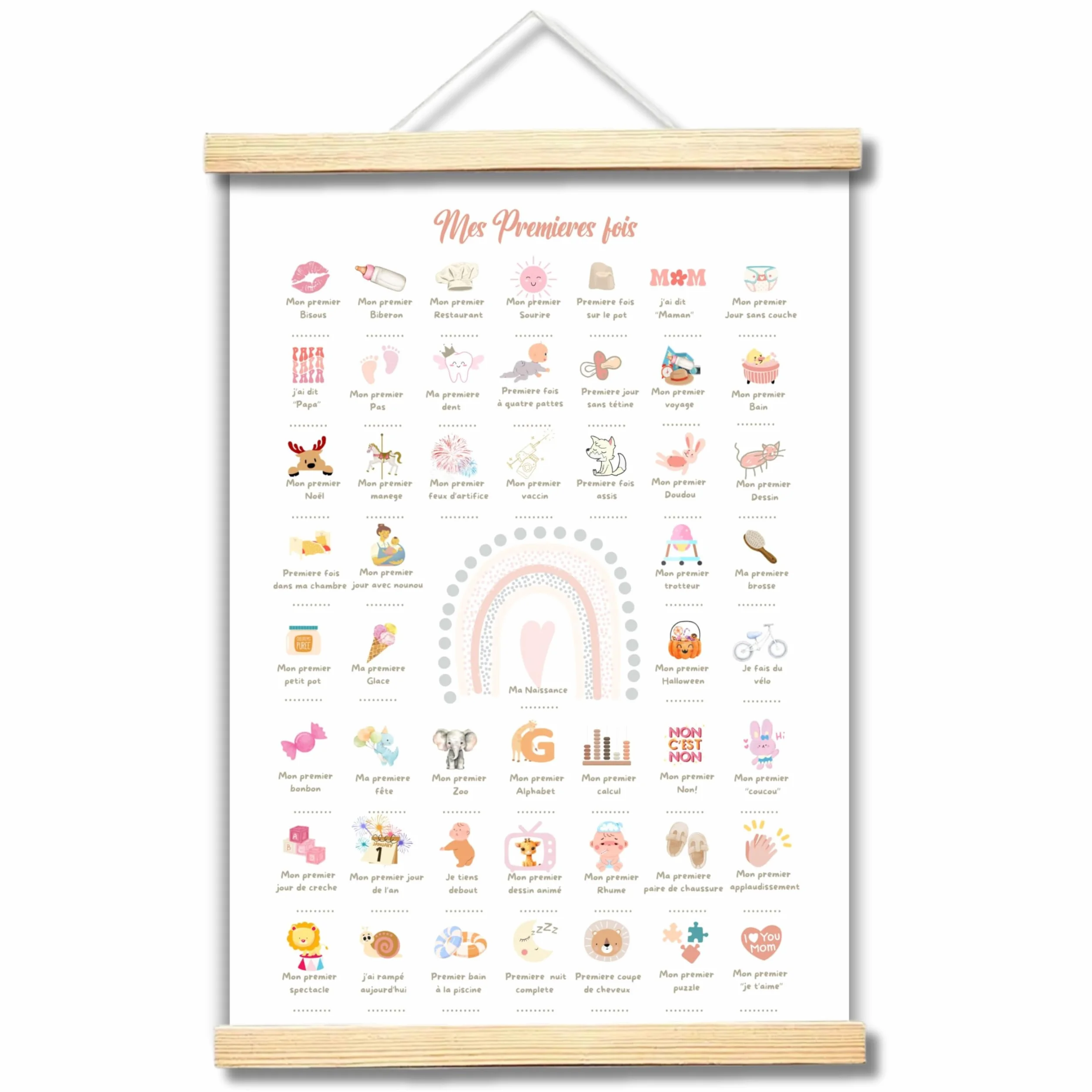 Affiche Souvenir Premières Étapes Bébé, 60 Moments Précieux, Papier Premium 350g