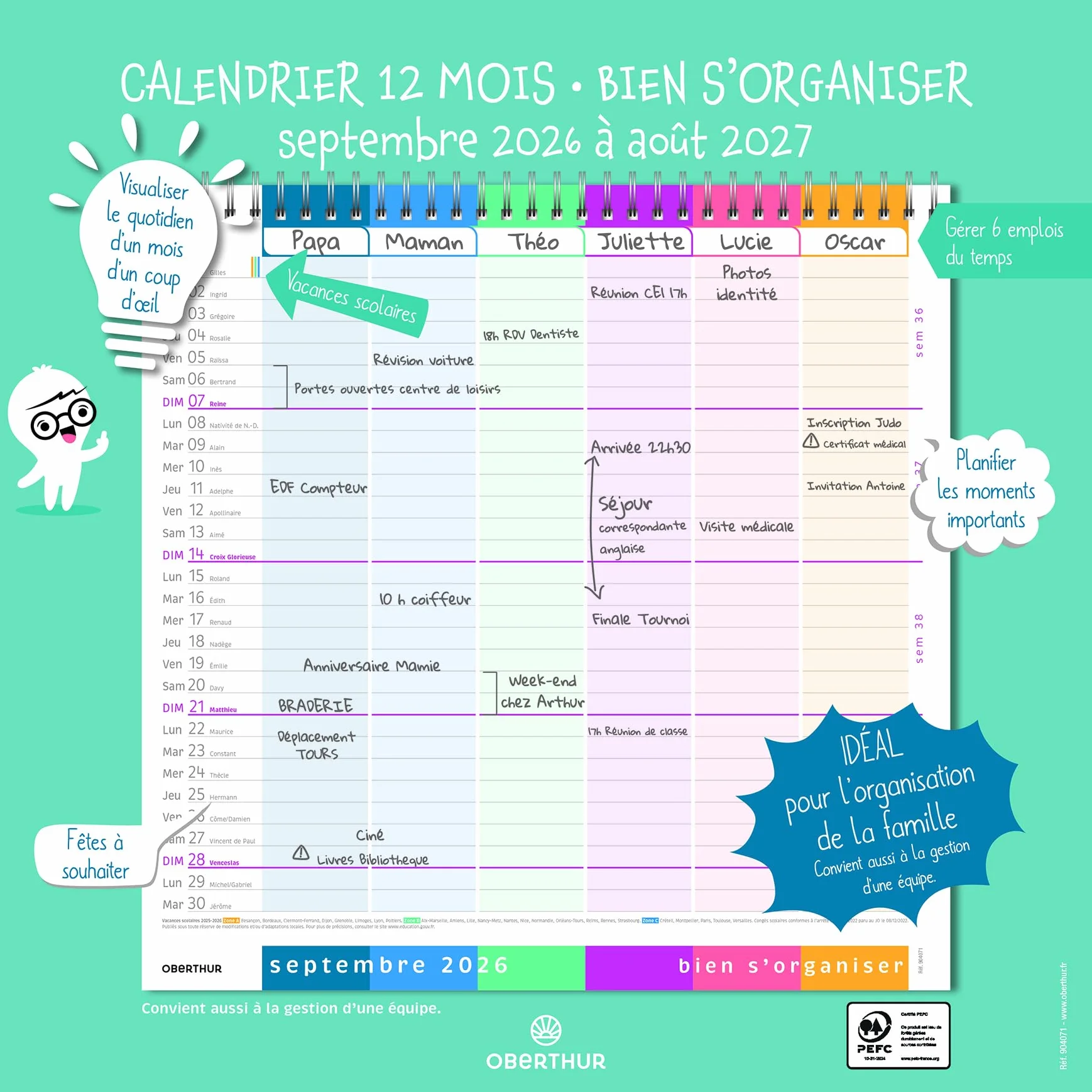 Oberthur Calendrier d'organisation 12 mois 30 x 30 cm Septembre 2026 à Août 2076