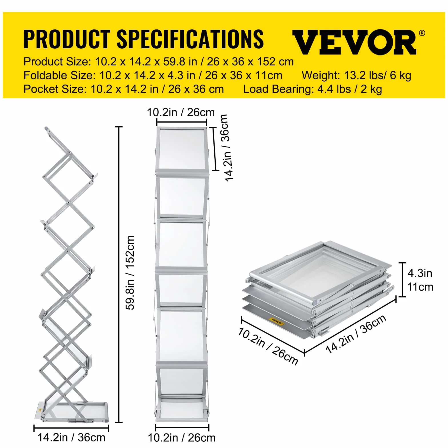 VEVOR Présentoir à Brochures en Alliage Aluminium Pliable 6 Compartiments A4 Portable 26x36x152 cm