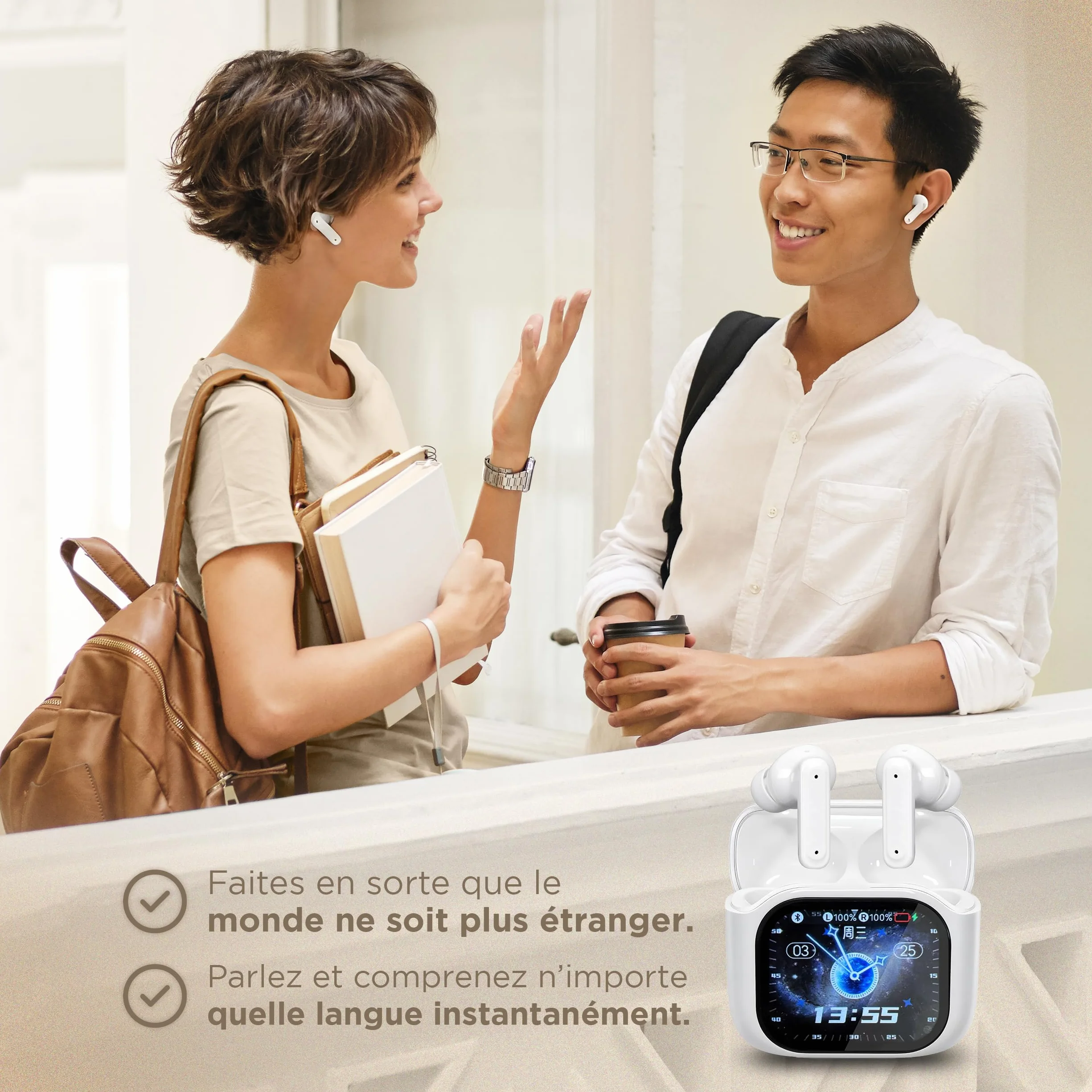 Traducteur Vocal Instantané IA 158 Langues - Écouteur Traduction Temps Réel iOS Android ANC Boîtier Écran Tactile