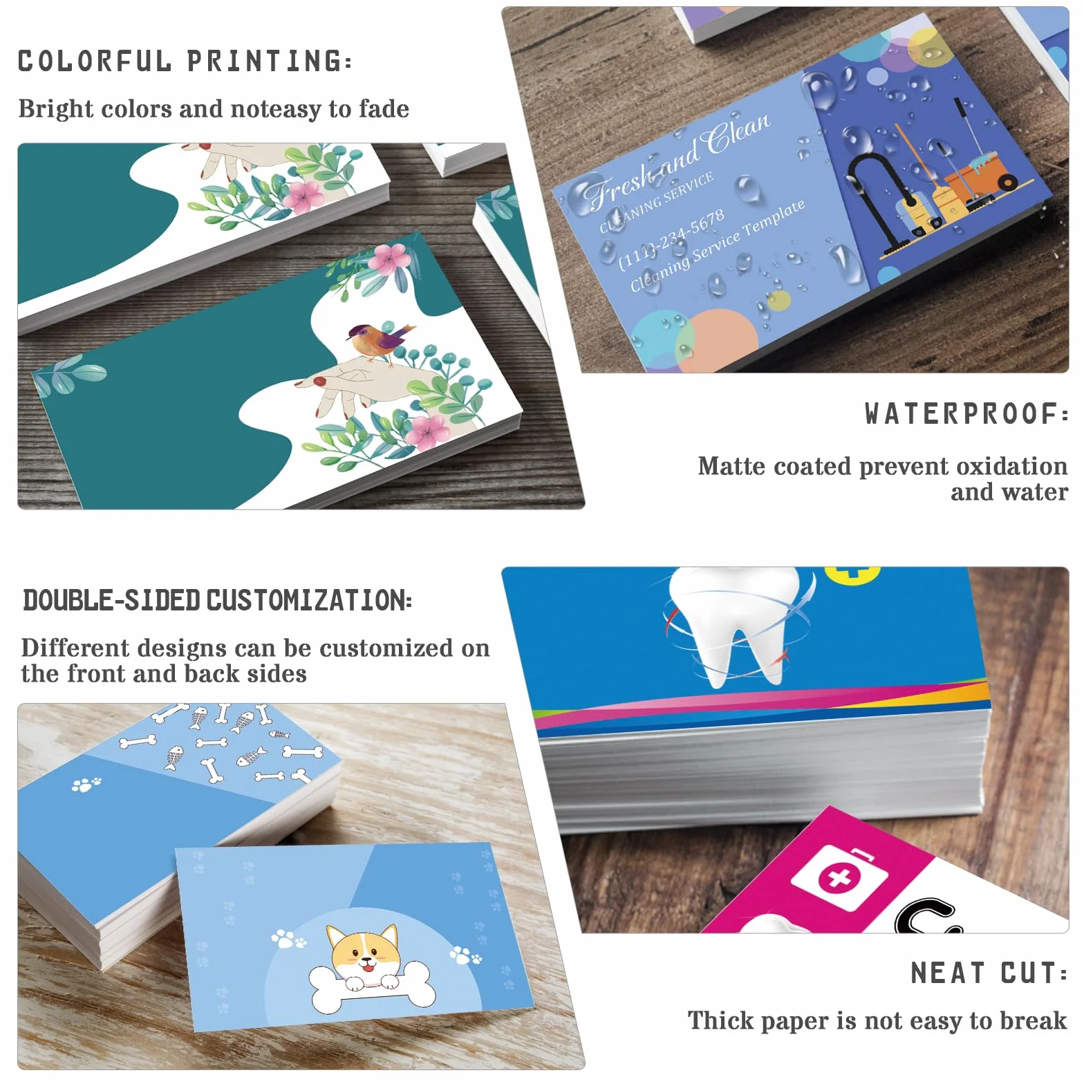 Cartes de visite personnalisées avec logo et photo, double face imprimable imperméable 1000 pièces