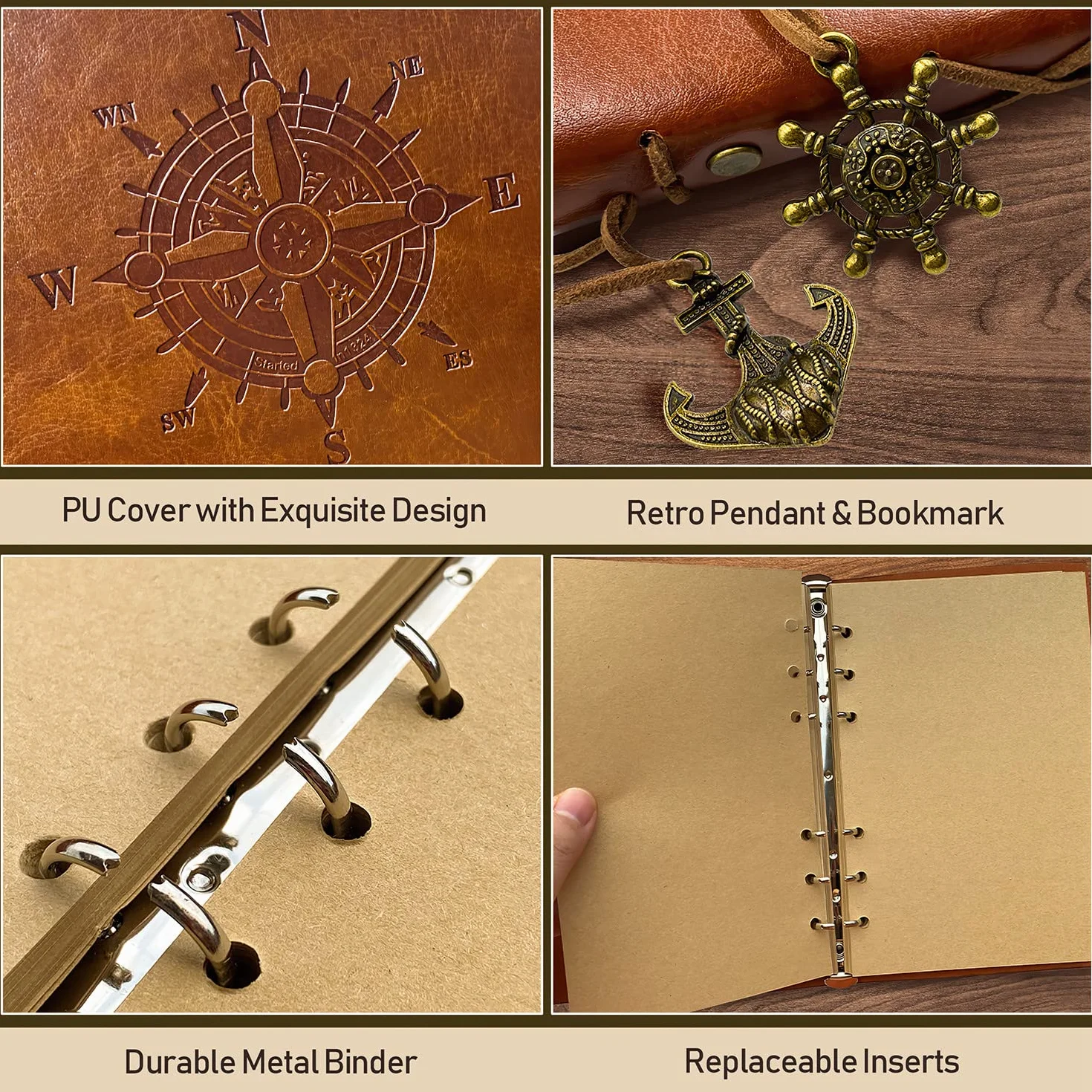 Carnet de Notes A5 Cuir Synthétique Rechargeable Vintage Journal Voyage Croquis Marron