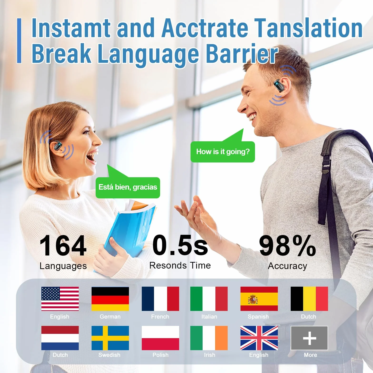 AI Ecouteur Traducteur Instantané 58H Bluetooth 5.4 Ecouteurs sans Fil Open Ear 164 Langues 3 en 1 Traduction Vocale