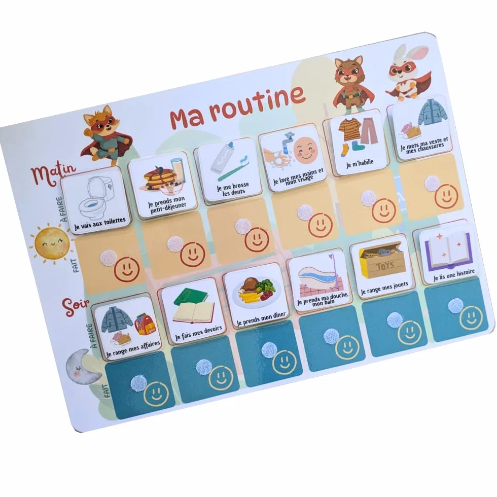 Tableau routine enfant Super-héros – Planning matin et soir – Calendrier tâches rituels – 30 étiquettes