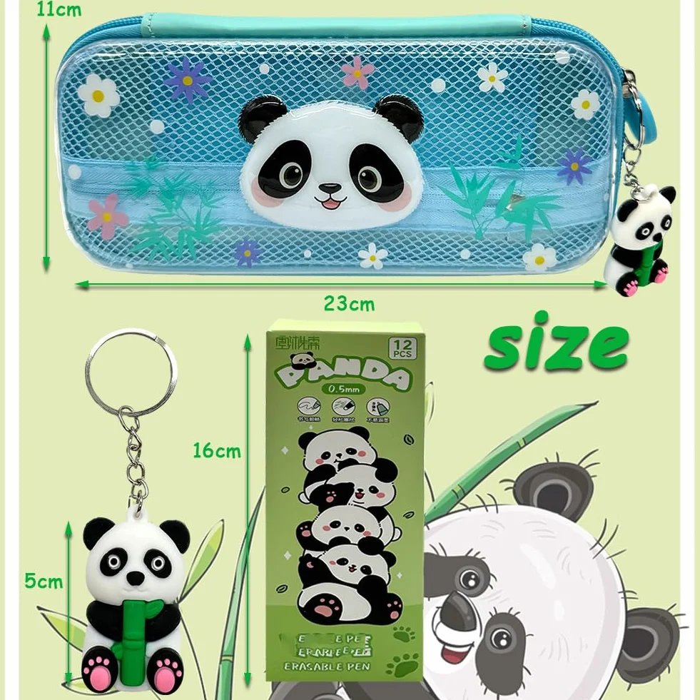 Panda Trousse à Crayons Sac de Papeterie 12 Stylo Gel Effaçable 1 Porte-clés Etanche