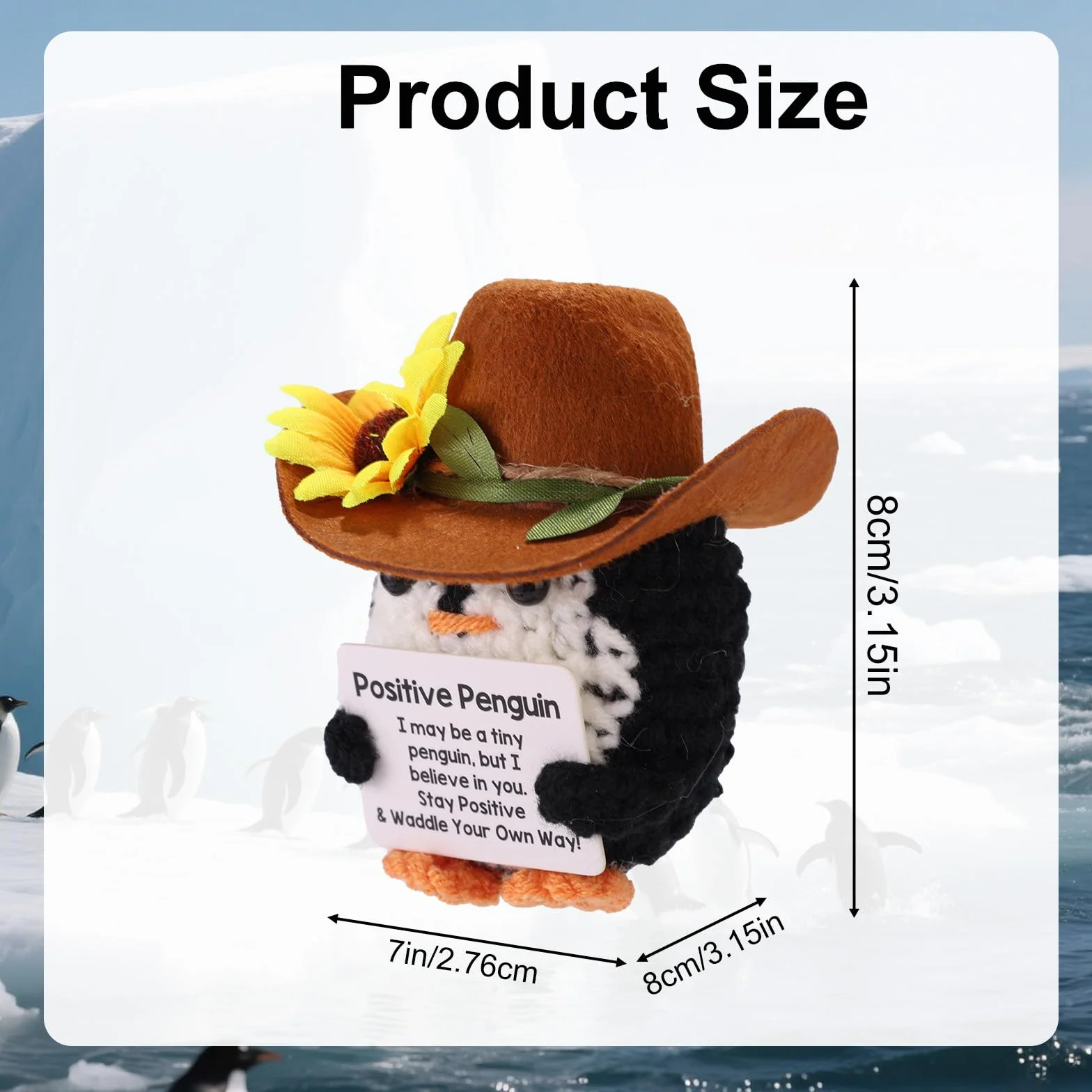 Crochet Pingouin Positif Fait Main avec Chapeau de Cowboy Poupée Inspirante Carte Édifiante Décoration Bureau