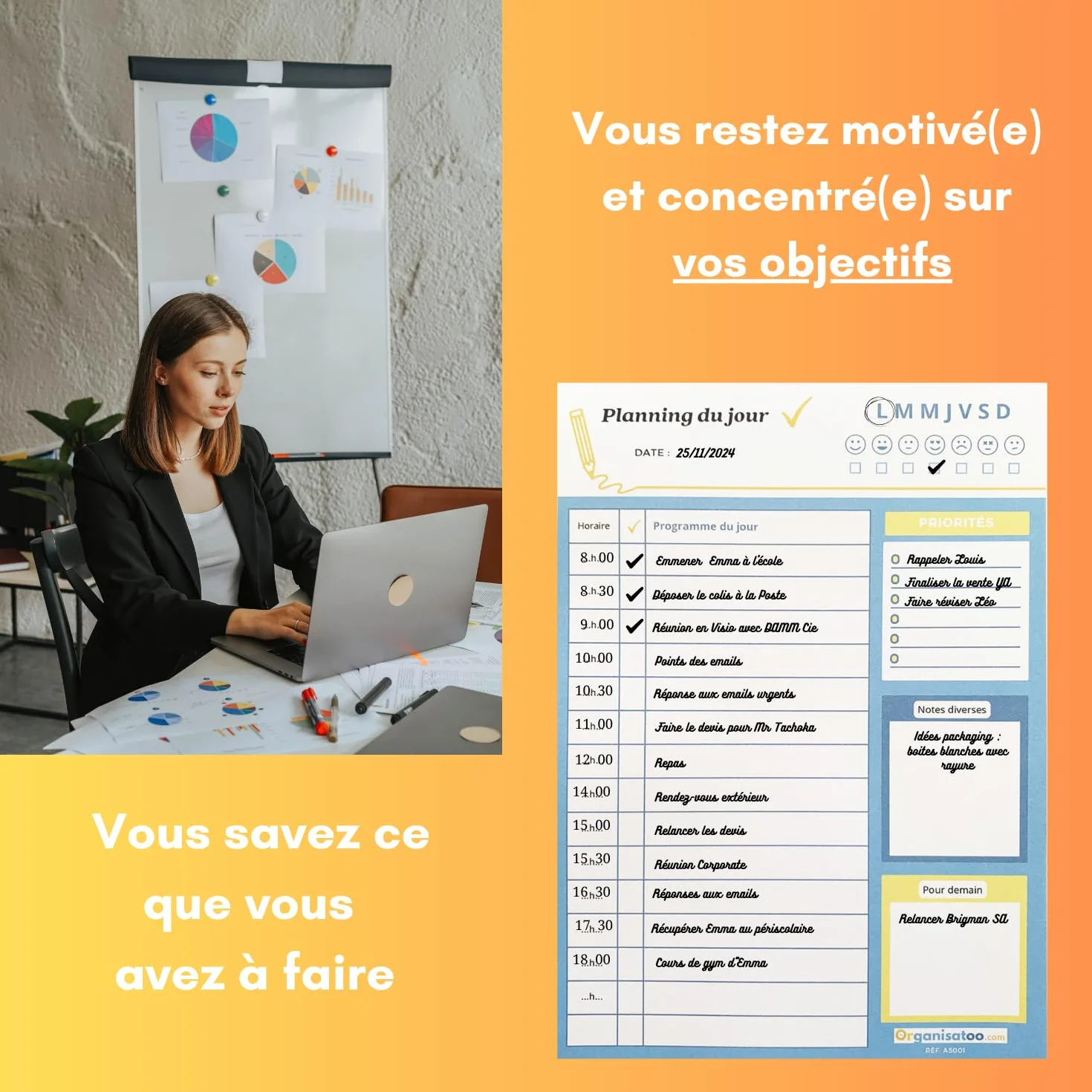 Bloc planning du jour français 50 pages - Planificateur journalier A5 papier activités tâches