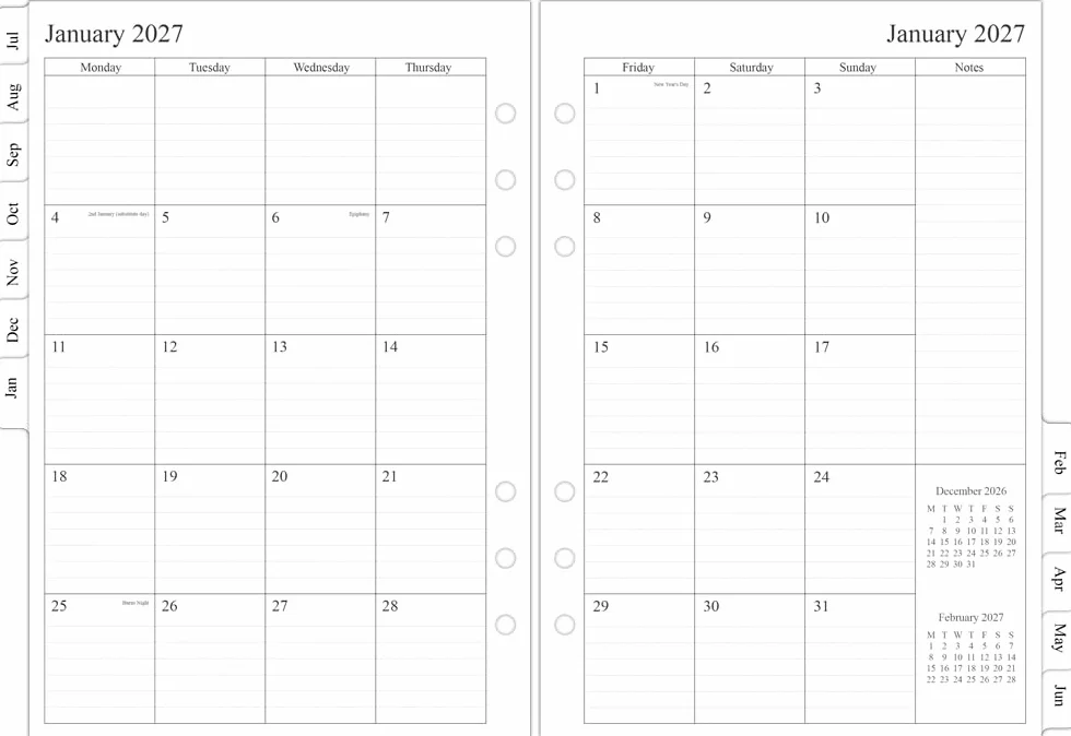Agenda Semainier A5 2026-2027 Recharge Compatible Filofax