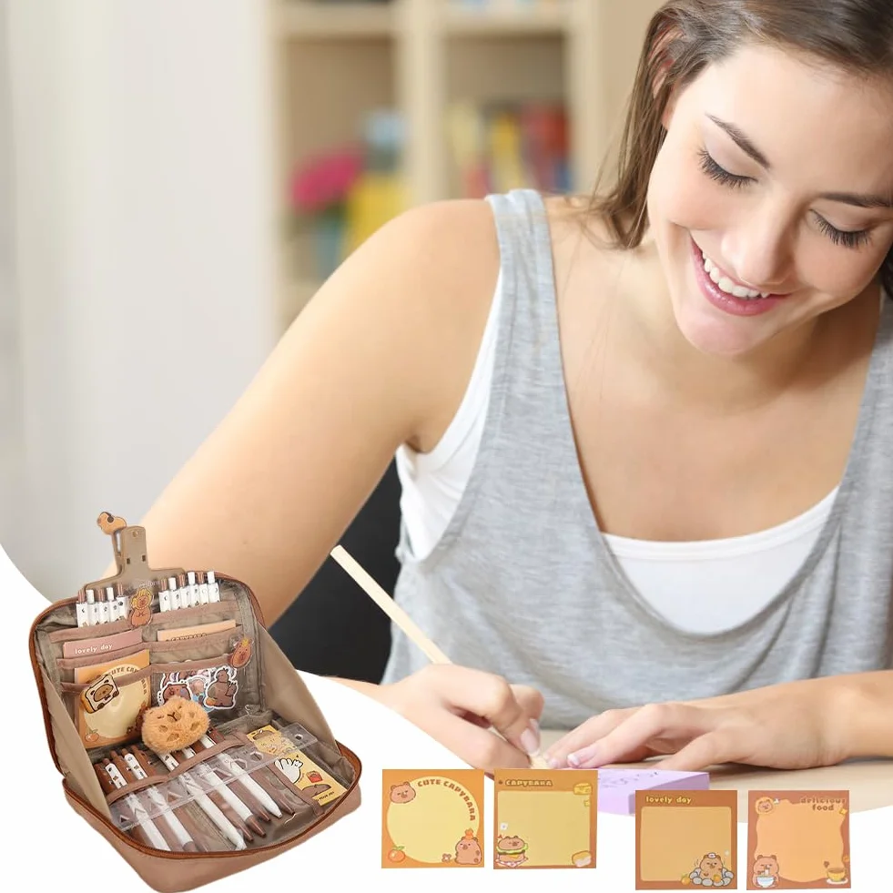 Capybara Ensemble de papeterie Trousse avec stylos, clips, autocollants, coffret cadeau pour enfants