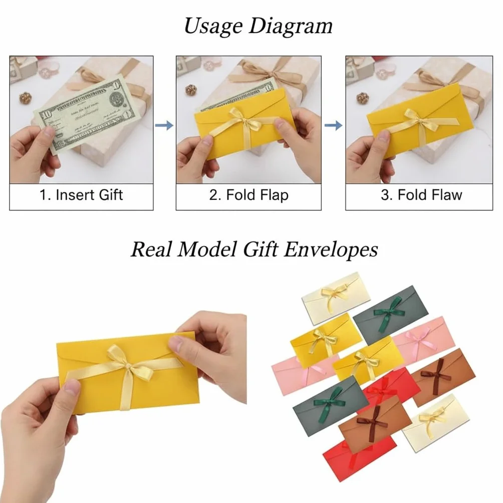 Enveloppes décoratives avec nœud en ruban, lot de 12, 22 x 11 cm, 6 couleurs