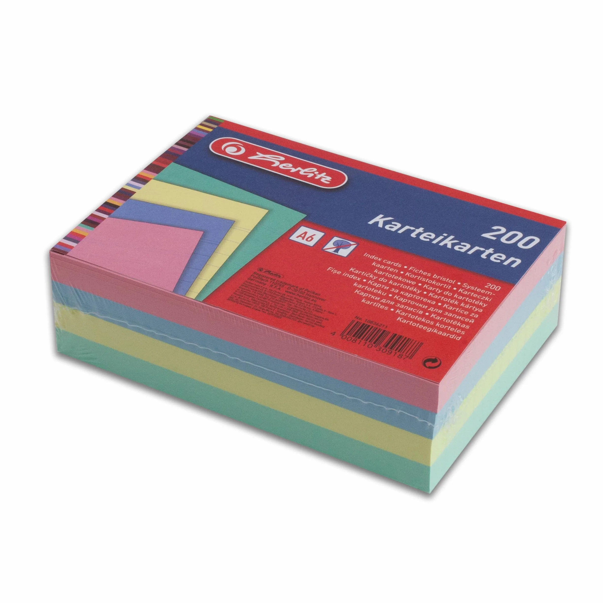 Herlitz Fiches bristol A6 lignées couleurs assorties lot de 200