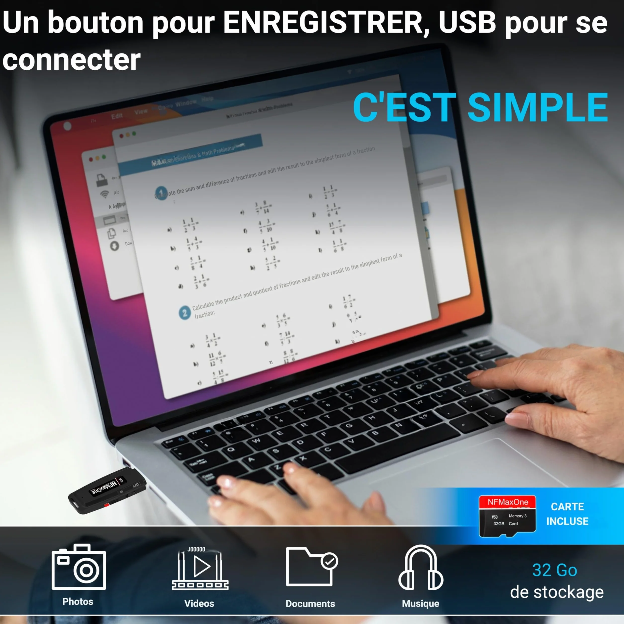 Enregistreur Vocal Espion Numérique 32 Go Mini Audio Réunions Interviews Cours USB Portable 500 Heures