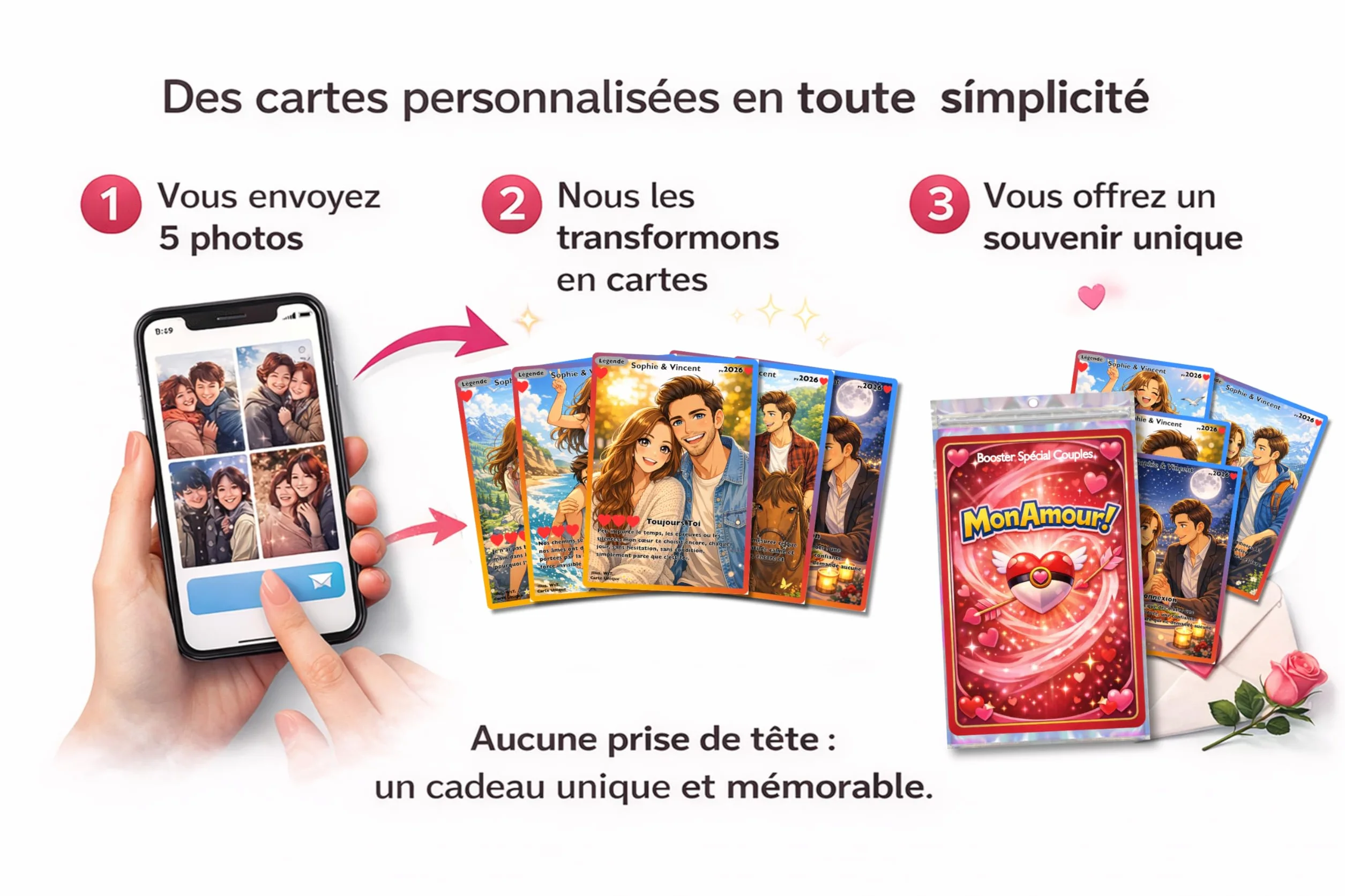 Booster Spécial Couples – 5 Cartes Photo Style Jeu à Collectionner – Cadeau Anniversaire Original