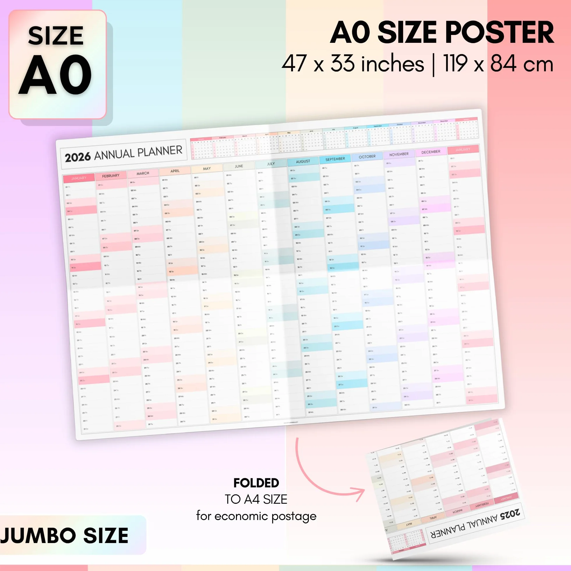 Planificateur mural mensuel géant 2026 A0 119 x 84 cm double face calendrier annuel organiseur bureau école