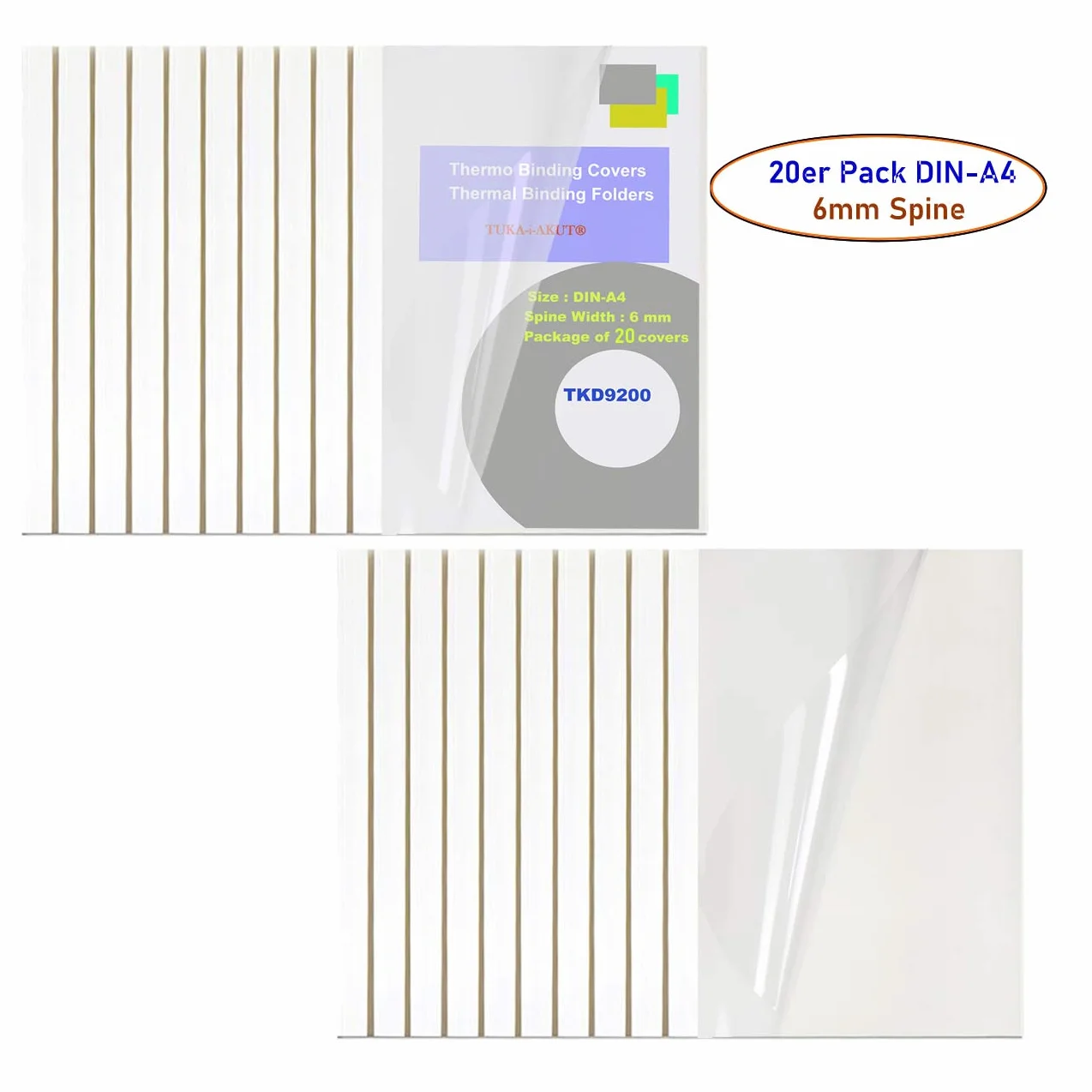 TUKA Couverture de Reliure Thermique A4 6mm 60 Feuilles Paquet de 20 Blanche TKD9200-A4-white-20x