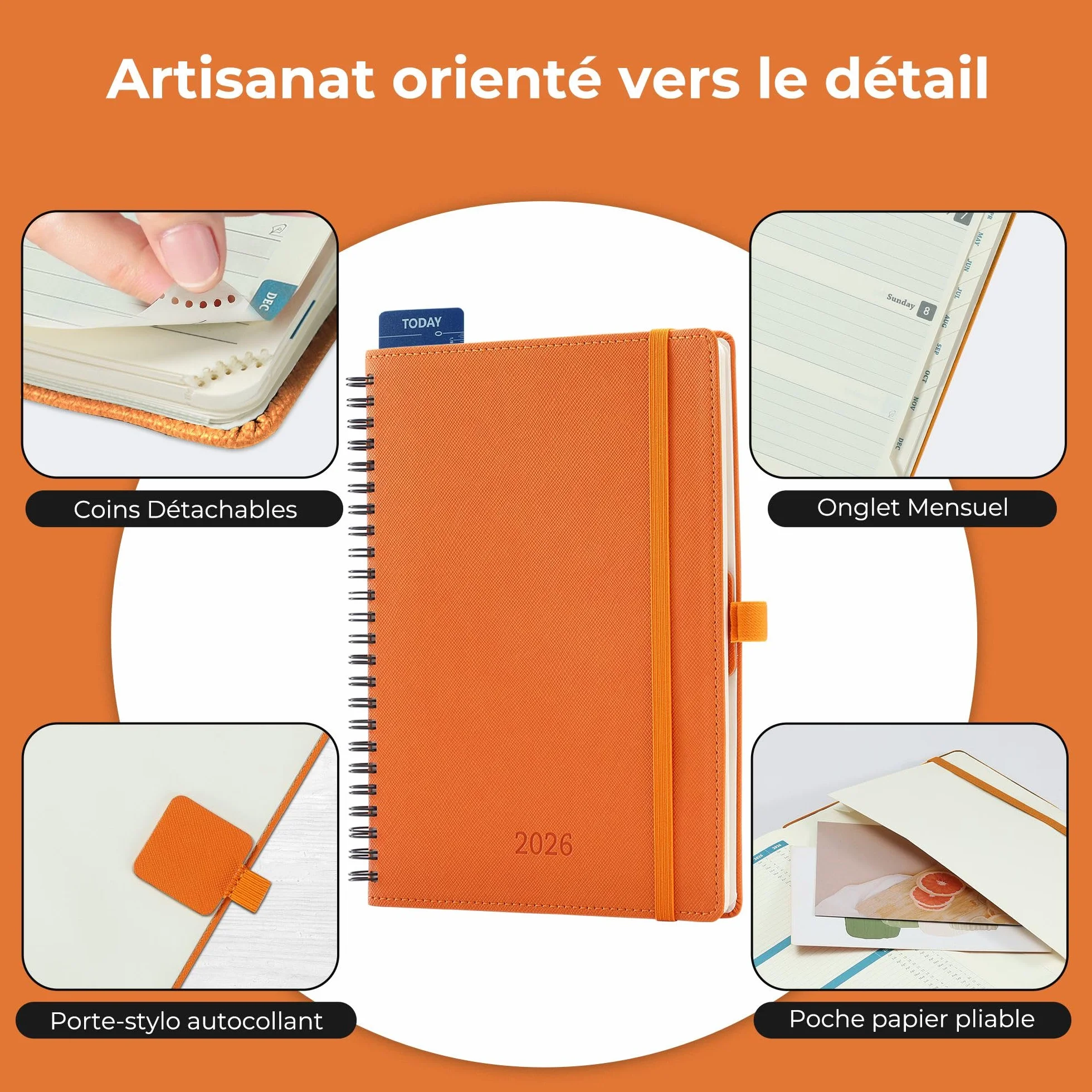Agenda Semainier 2026 A5 21,9x16,4 cm Spirale Planificateur Hebdomadaire 12 Mois Papier 100GSM Couverture PU Cuir Orange