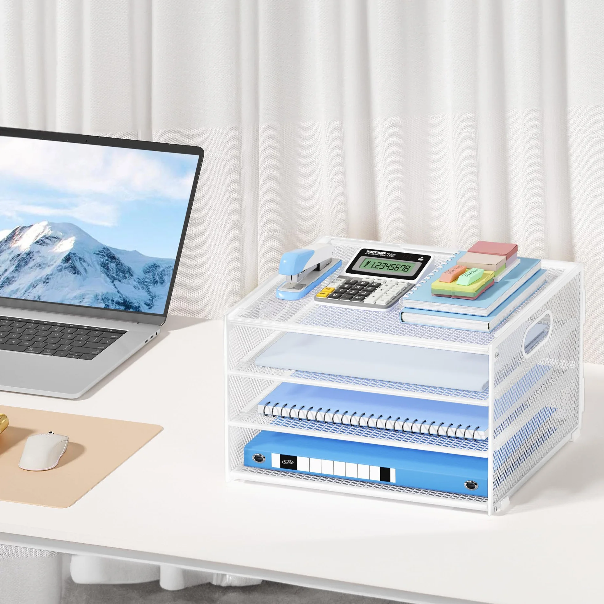 Marbrasse Organiseur de Bureau 4 Niveaux Corbeilles à Courrier en Filet avec Poignée Porte-Revues Support de Rangement pour Papier Blanc