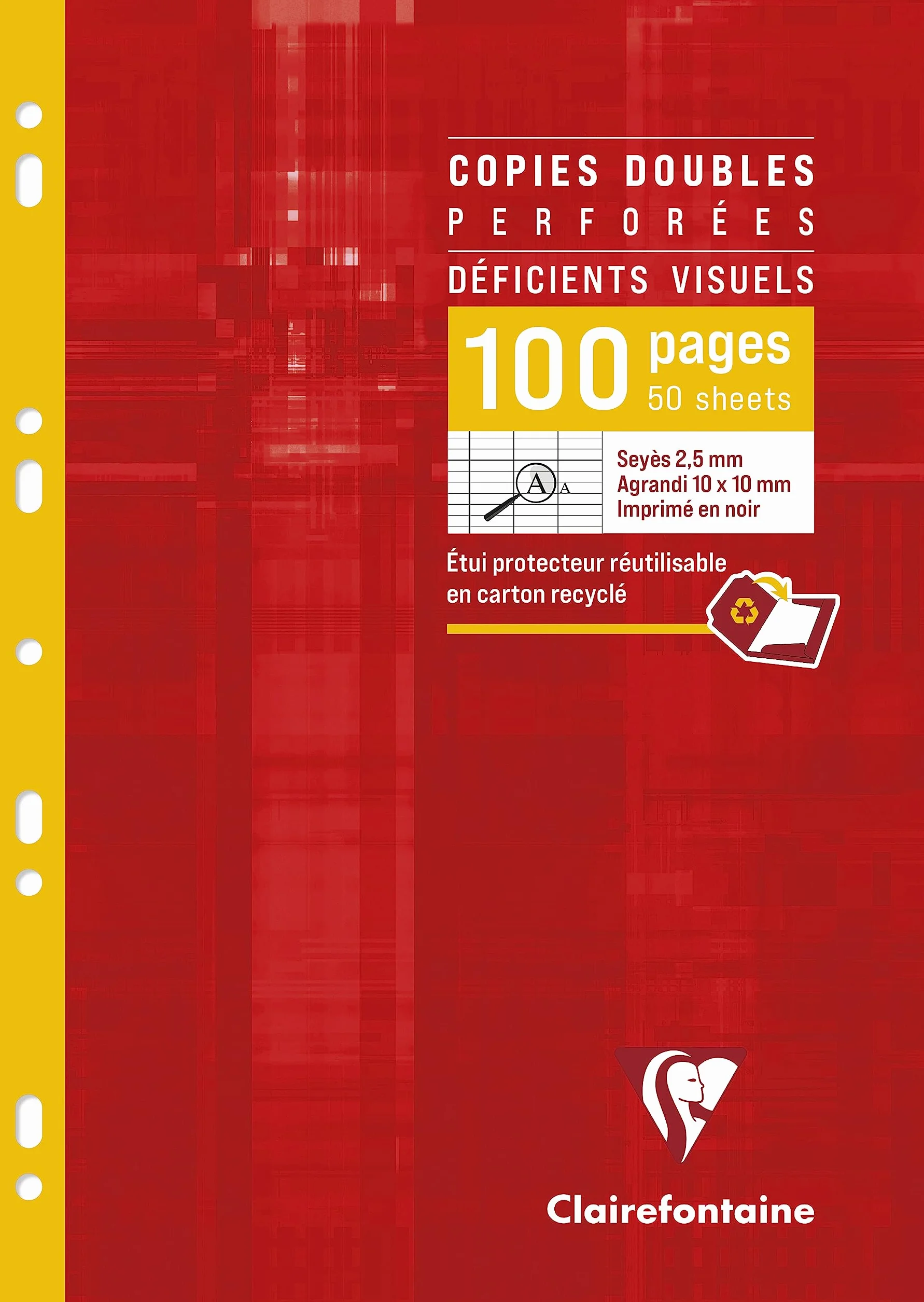 Clairefontaine Étui de Copies Doubles Perforées A4 21x29,7 cm 96 Pages Grands Carreaux 2,5 mm Papier 90 g Réutilisable