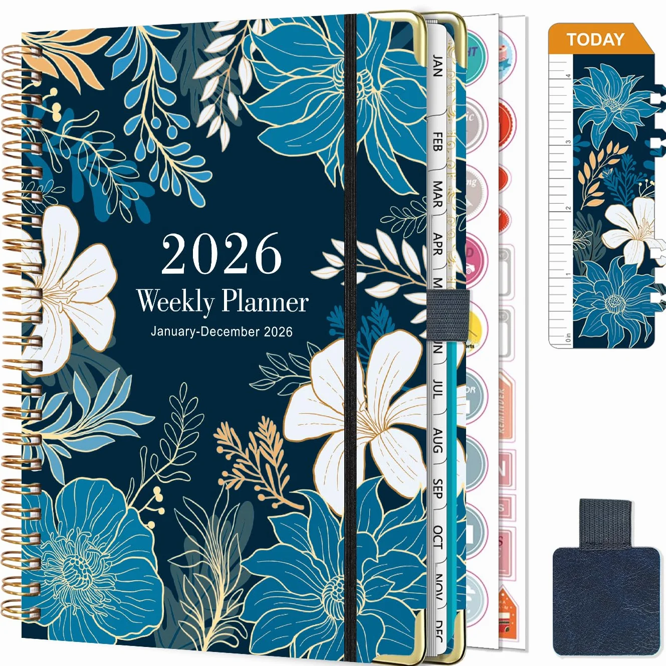NEYSA Agenda 2026 Semainier Spirale A5 Janvier à Décembre 12 Mois avec Boucle de Stylo, Règle Signet & Autocollants de Plan Bleu et Blanc
