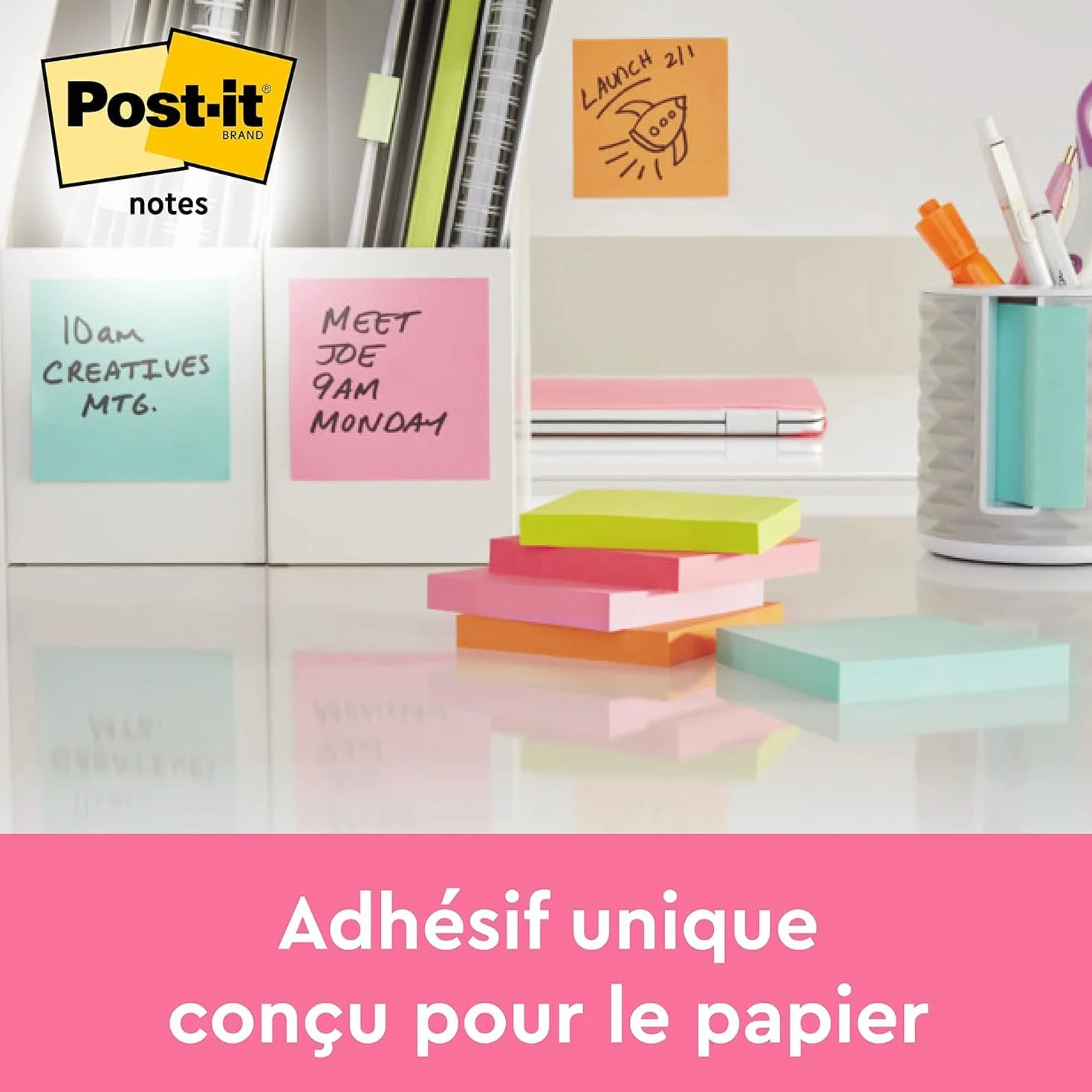 Post-it Notes Autocollantes 450 Feuilles 76 mm x 76 mm Rose Vert Bleu Jaune