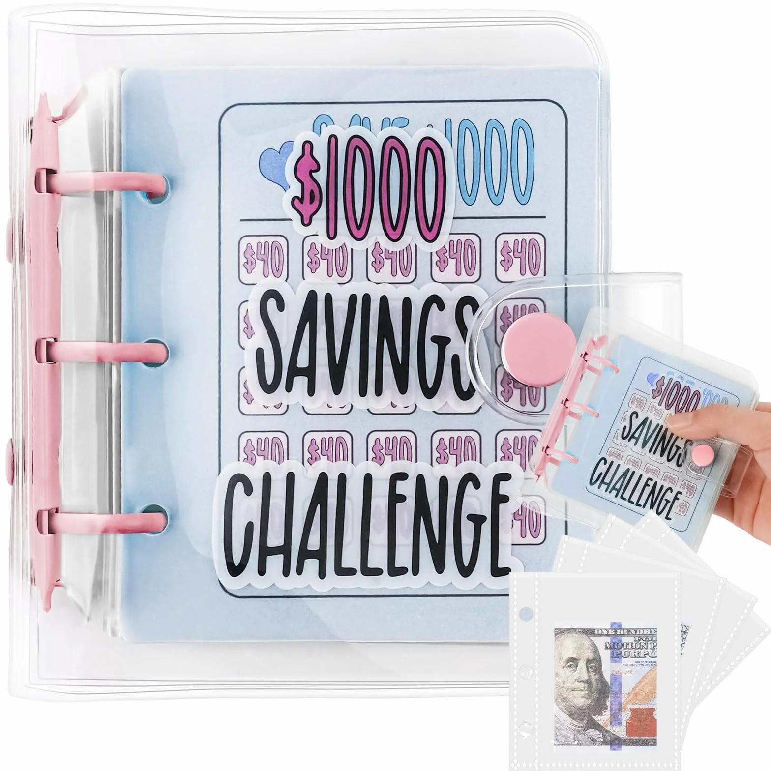 OFFCUP Mini Classeur Défi Épargne 25 Enveloppes Portefeuille Économiseur Argent 1000 $ Rose