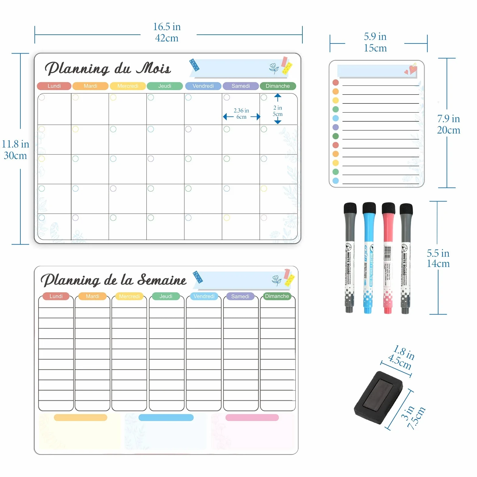 Calendrier Magnétique Effaçable à Sec pour Frigo, 3 Plannings Mensuel Hebdomadaire Quotidien, Tableau Blanc Aimanté avec 4 Marqueurs et 1 Gomme