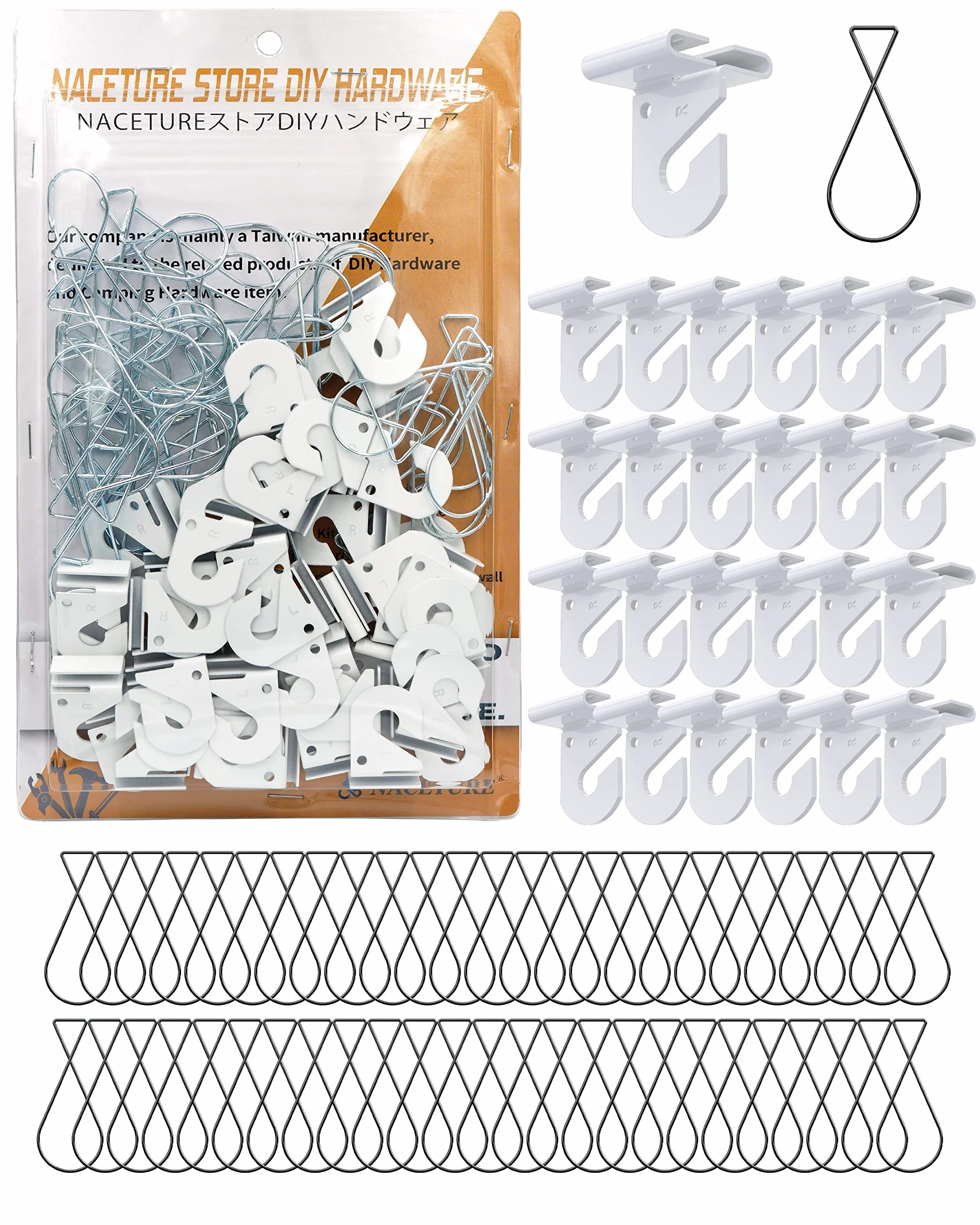 NACETURE Lot de 75 crochets de plafond suspendus blancs robustes avec clips
