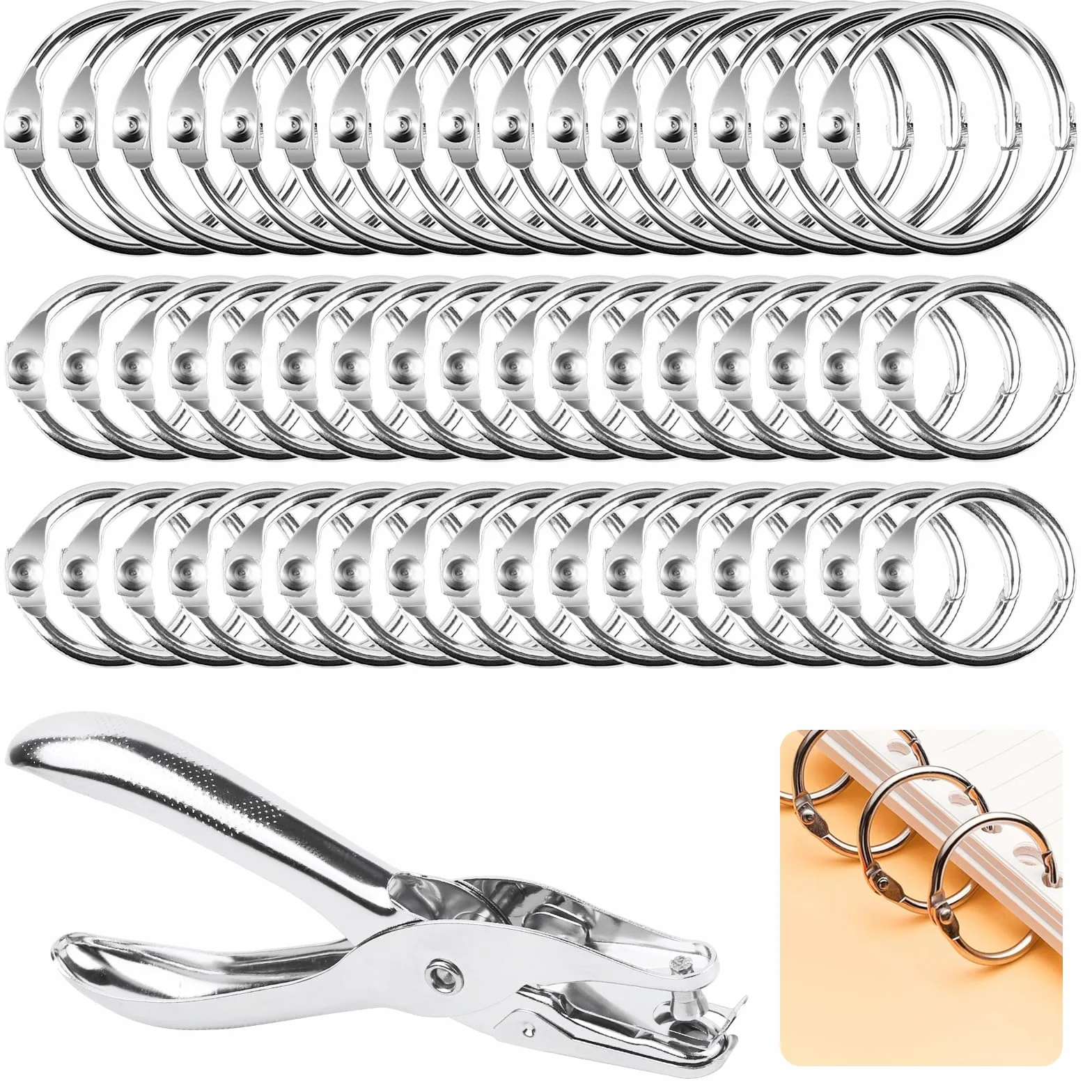 Anneaux de Reliure Métalliques Articulés 15mm 20mm, Lot de 120 avec Pinces de Poinçonnage 6mm pour Cahier Scrapbooking