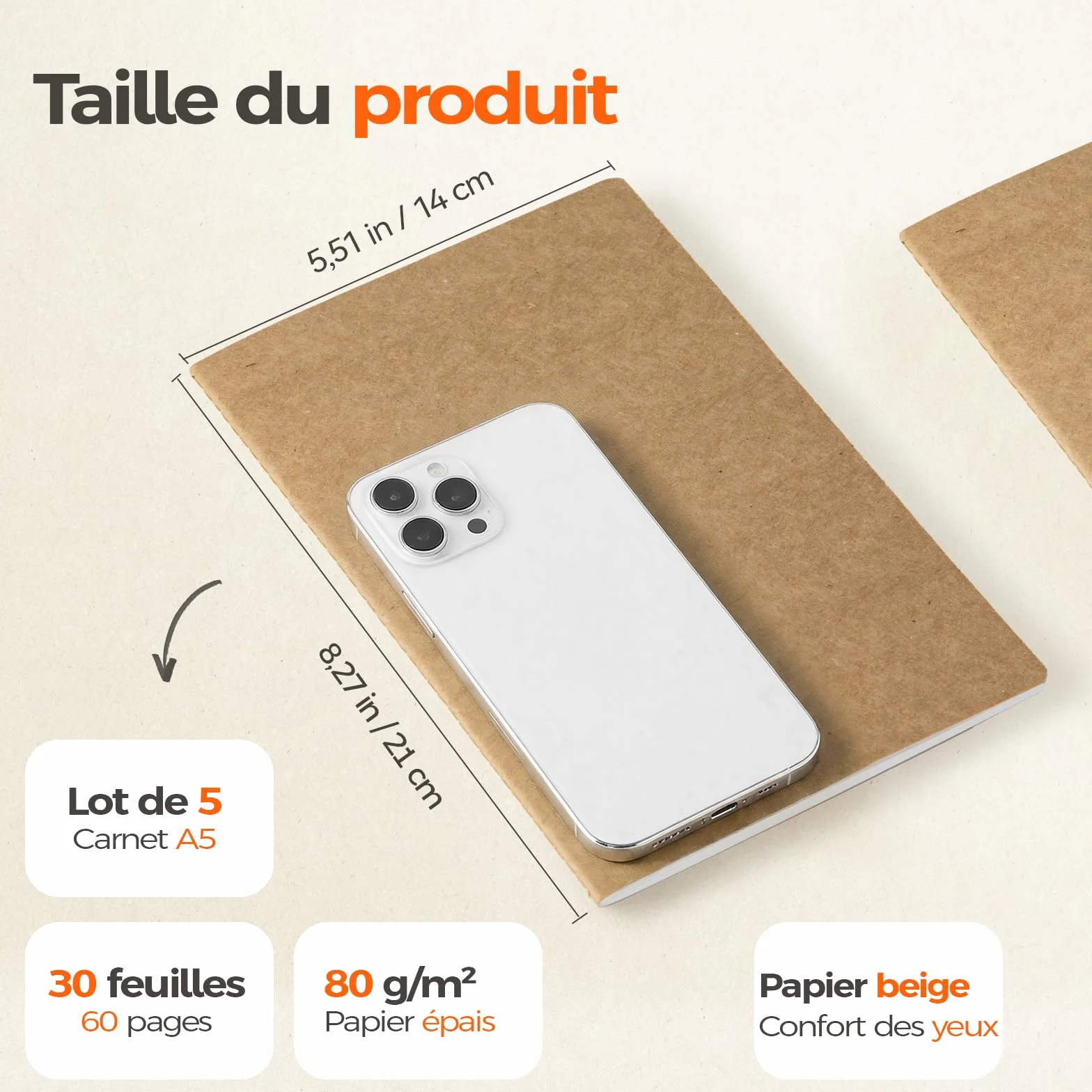 Carnets Kraft A5 Lot de 5, 60 Pages Vierges 21x14 cm, Cahiers Couverture Naturelle