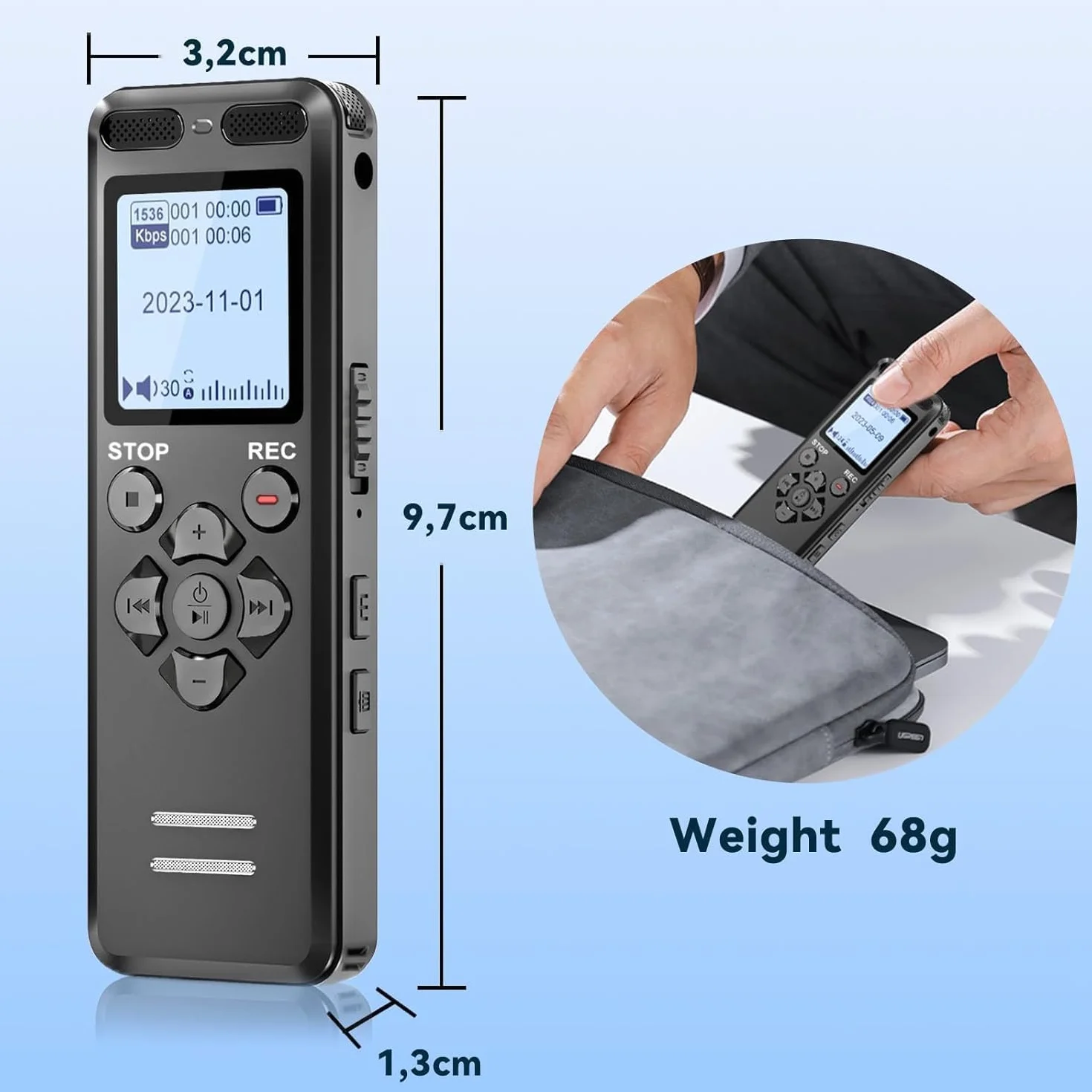 Tonnlog Enregistreur Vocal Numérique 16GB 1536kbps Activation Vocale USB-C