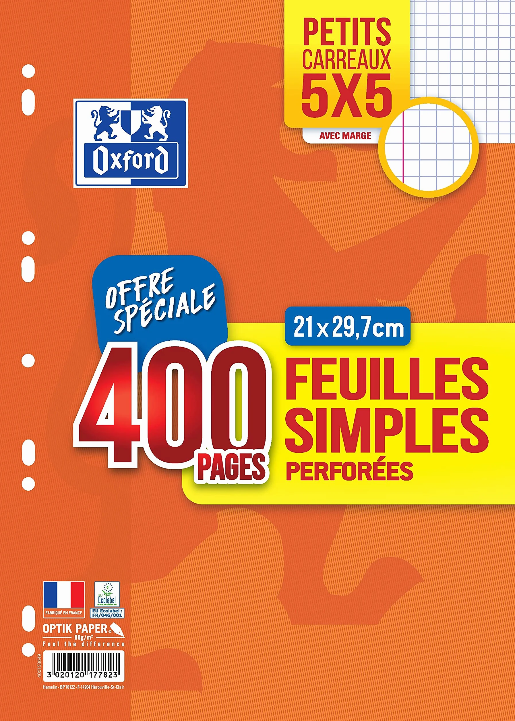 OXFORD Feuilles Simples Petits Carreaux 5x5 Format A4 21x29,7cm Perforées Lot de 400 Pages