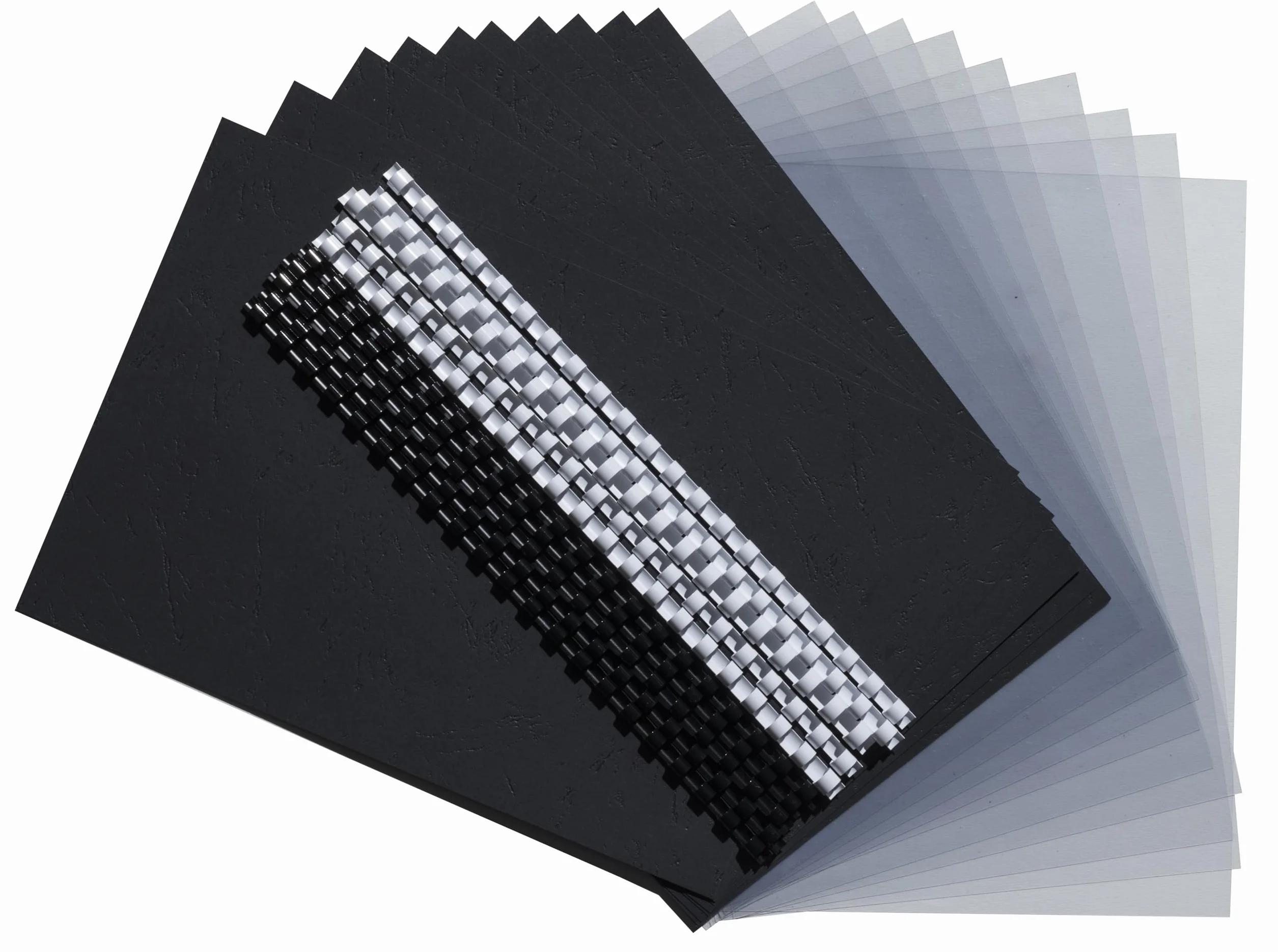 Exacompta Kit de présentation reliures spiralées A4 10-40 feuilles 5 peignes 6 mm noirs 5 peignes 8 mm blancs 10 plats PVC couverture noir