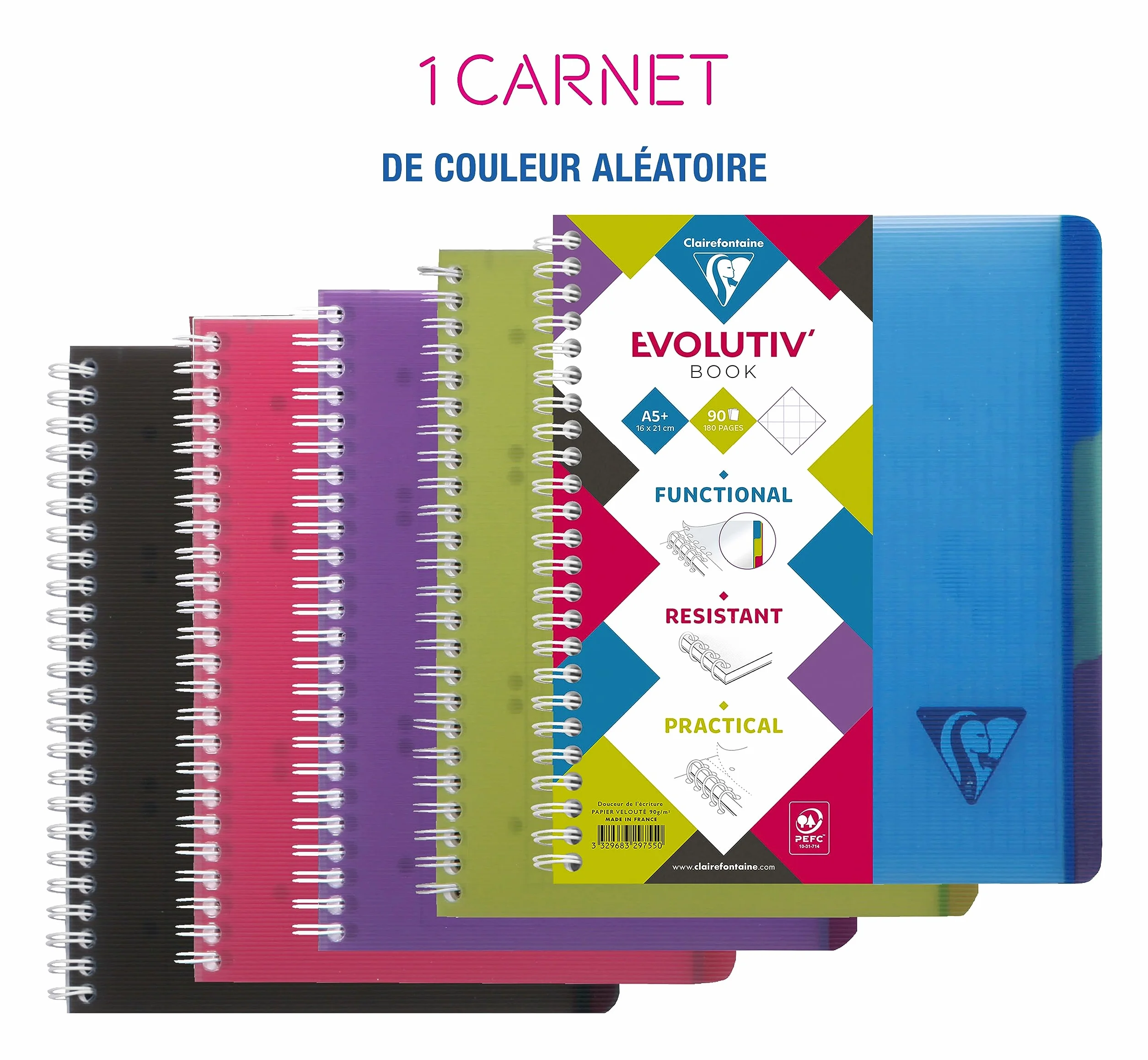 Clairefontaine Linicolor Intensive Evolutiv'Book A5+ 16x21cm Carnet à Spirale Perforé 180 Pages Petits Carreaux 90g