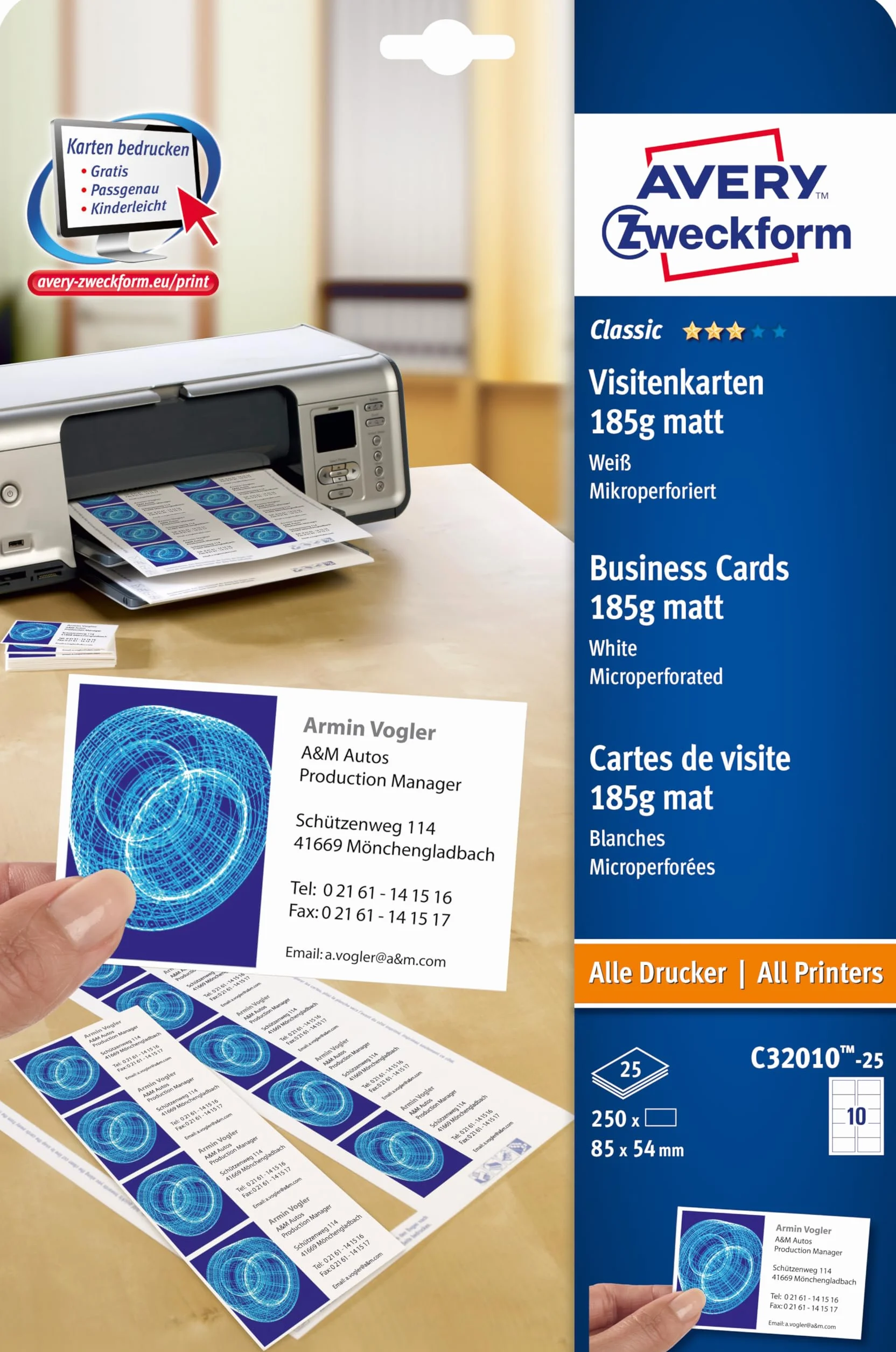 Avery C32010-25 Lot de 250 cartes de visite classiques 85 x 54 mm recto-verso Mat 25 feuilles