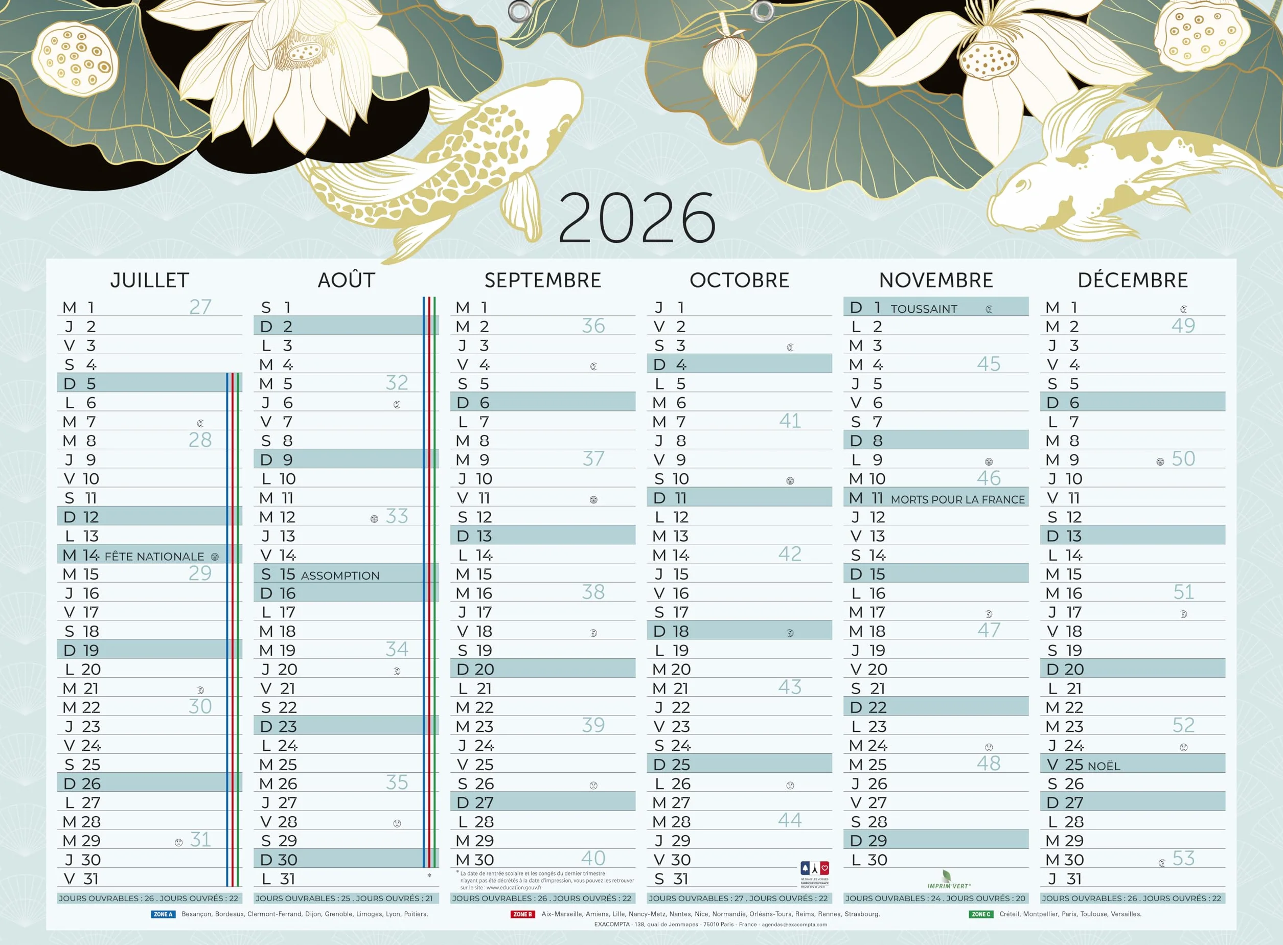 Exacompta Calendrier Sapporo Semestriel 55x40,5cm Multicolore 2026