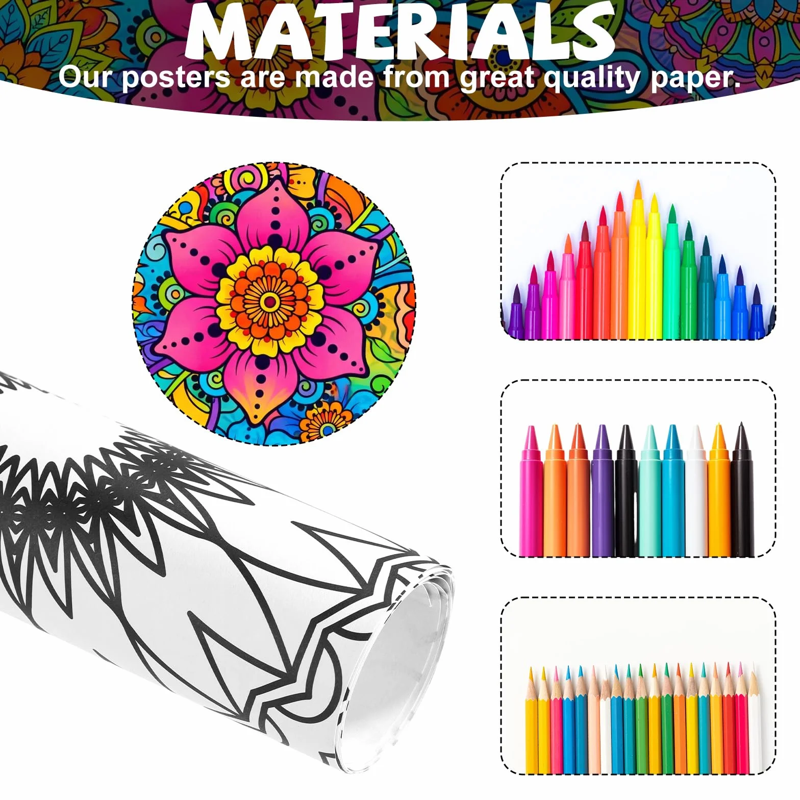 Penitue 2pcs Grandes Affiches de Coloriage Mandala 100x60cm pour Enfants Adultes Adolescents