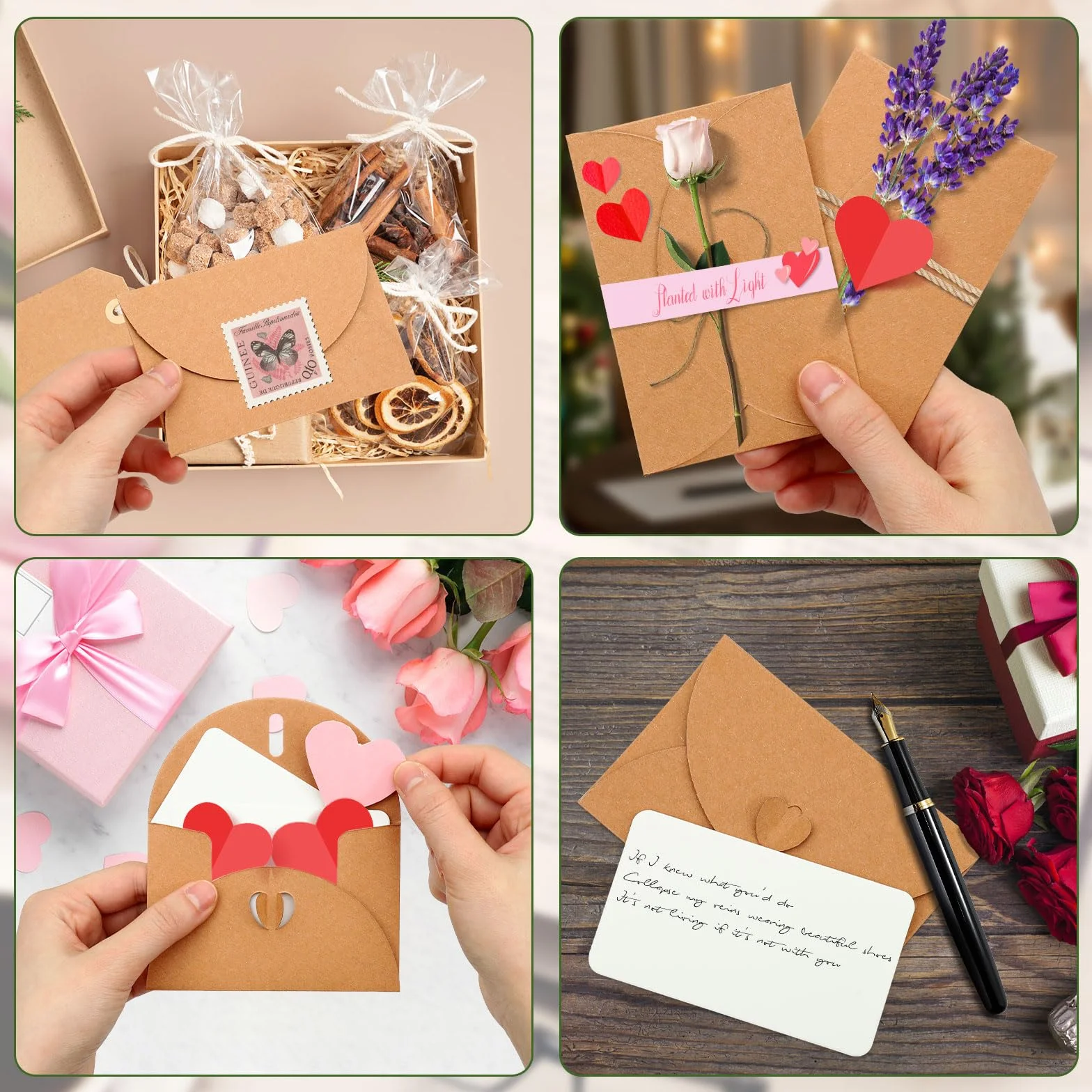 60 Pièces Mini Enveloppe Kraft 10.5×7cm Avec Cartes Vierges Fermeture Coeur Pour Cartes Cadeaux