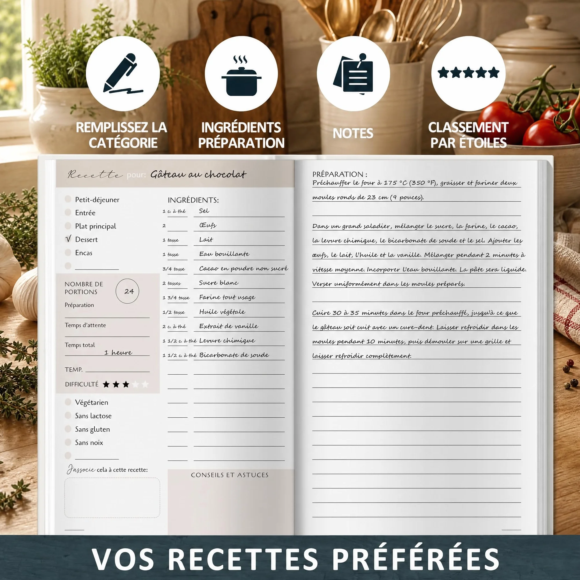 Carnet de recette à remplir A5, cahier de recettes vierge 100 recettes, livre de recettes cuisine