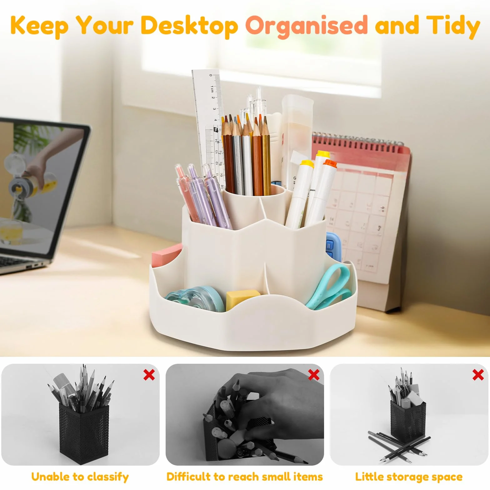 Euqvunn Organisateur de Bureau Rotatif, Pot à Crayon 9 Compartiments, Rangement Bureau 360° Porte Stylo Beige
