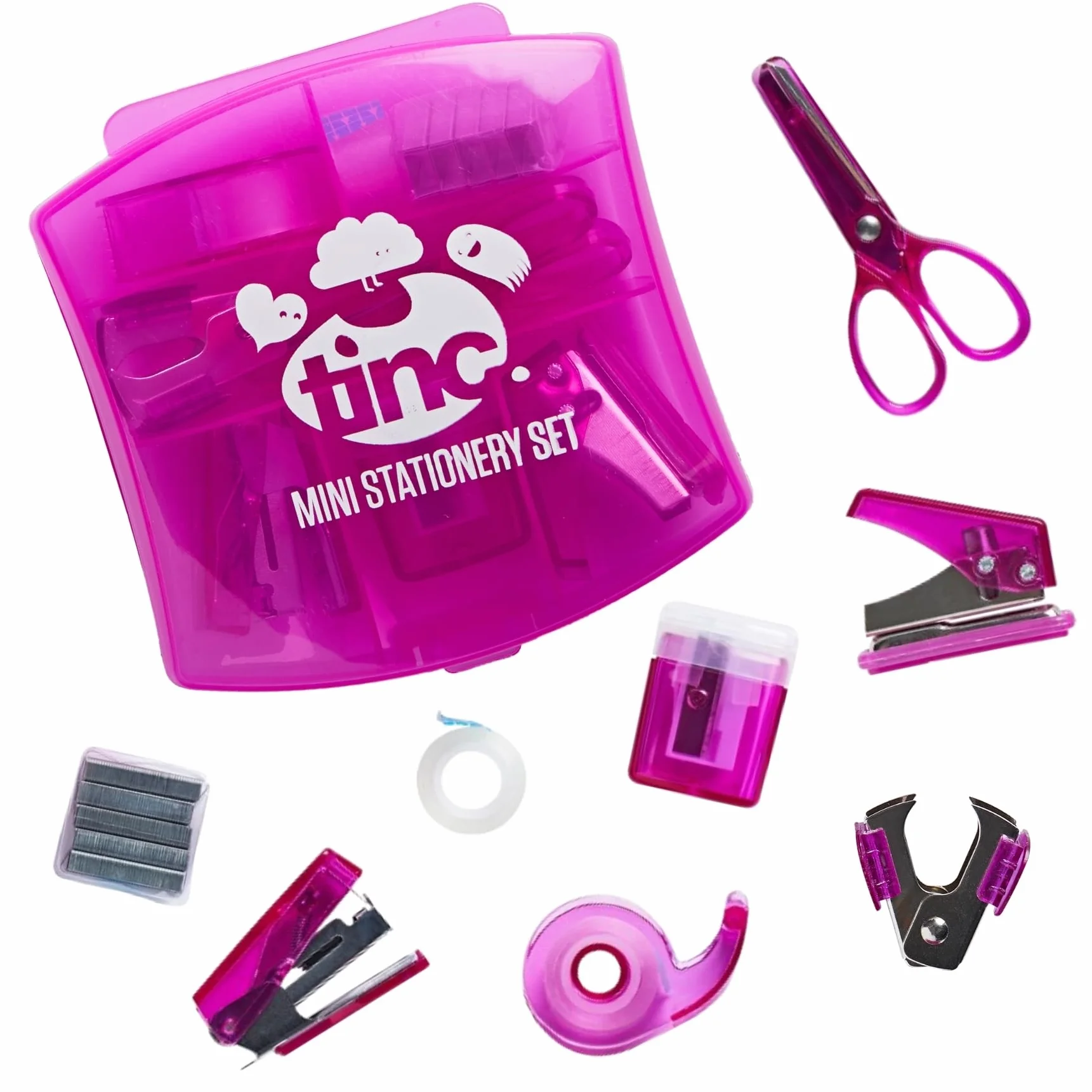 Mini Kit de Papeterie avec Agrafeuse, Ruban Adhésif, Ciseaux, Taille-crayon et Dégrafeuse - Fournitures de Bureau Compactes Rose