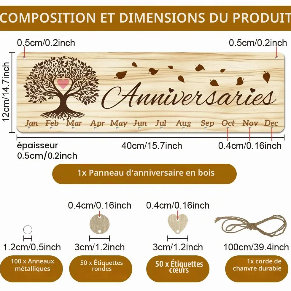 Arbre de Vie Calendrier d'Anniversaire en Bois avec 100 Étiquettes, 40x12cm, Décoration Murale Suspendue pour Saint-Valentin