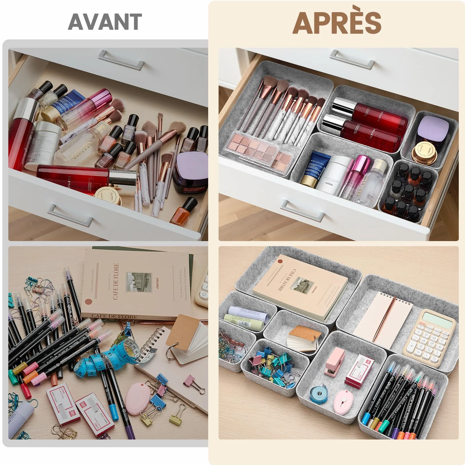 Eurhomewit Organisateur de Tiroir 14 Pièces en Feutre Gris - Boîtes de Rangement Empilables