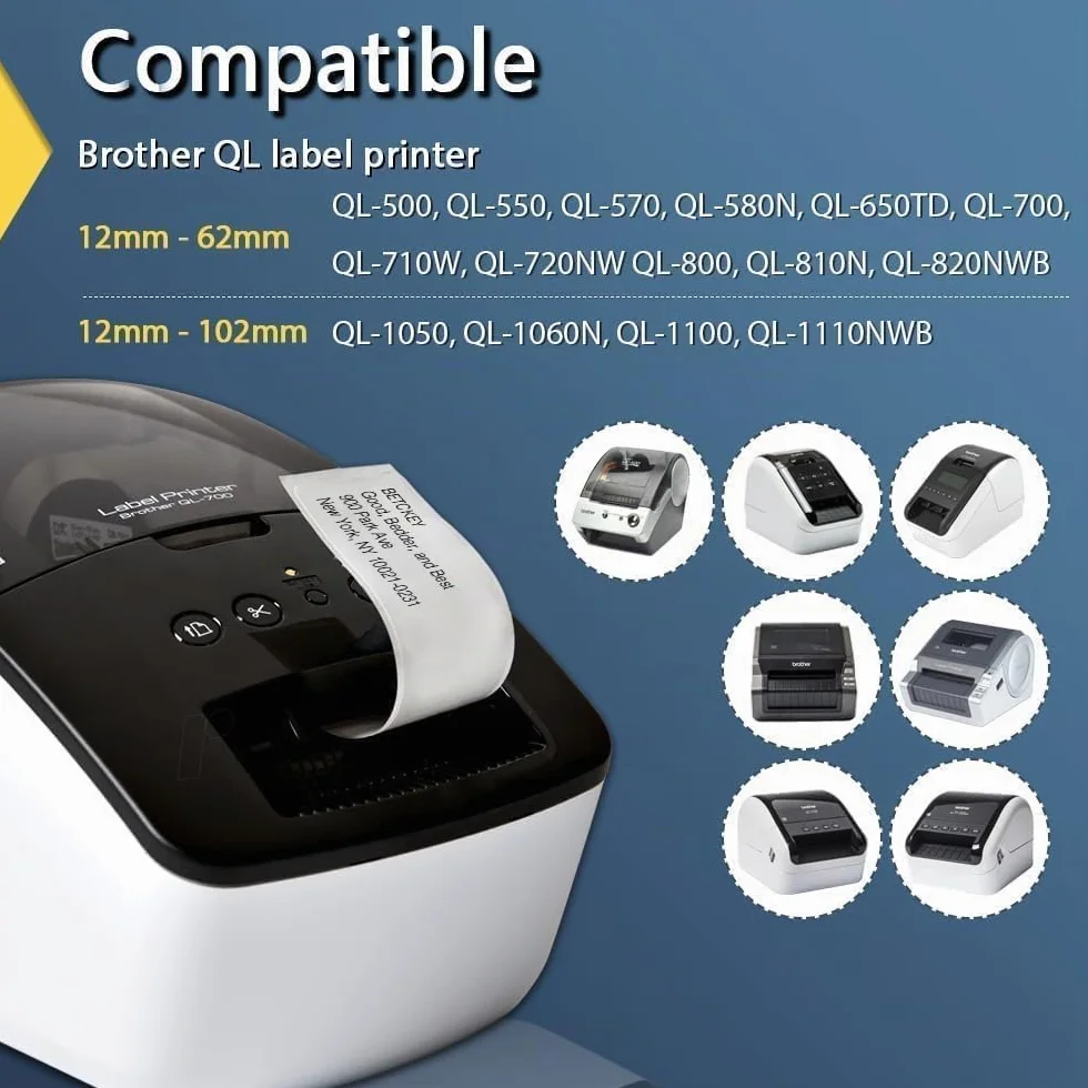BETCKEY DK-22205 Rouleau de Papier Continu Compatible Brother 62mm x 30.48m 10 Étiquettes