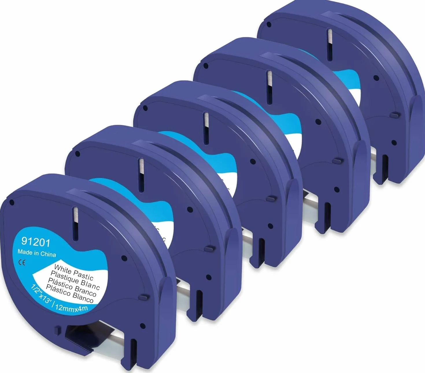 Lot de 5 rubans Dymo LetraTag 91221 91201 12mm x 4m plastique noir sur blanc pour LT-100H LT-110T