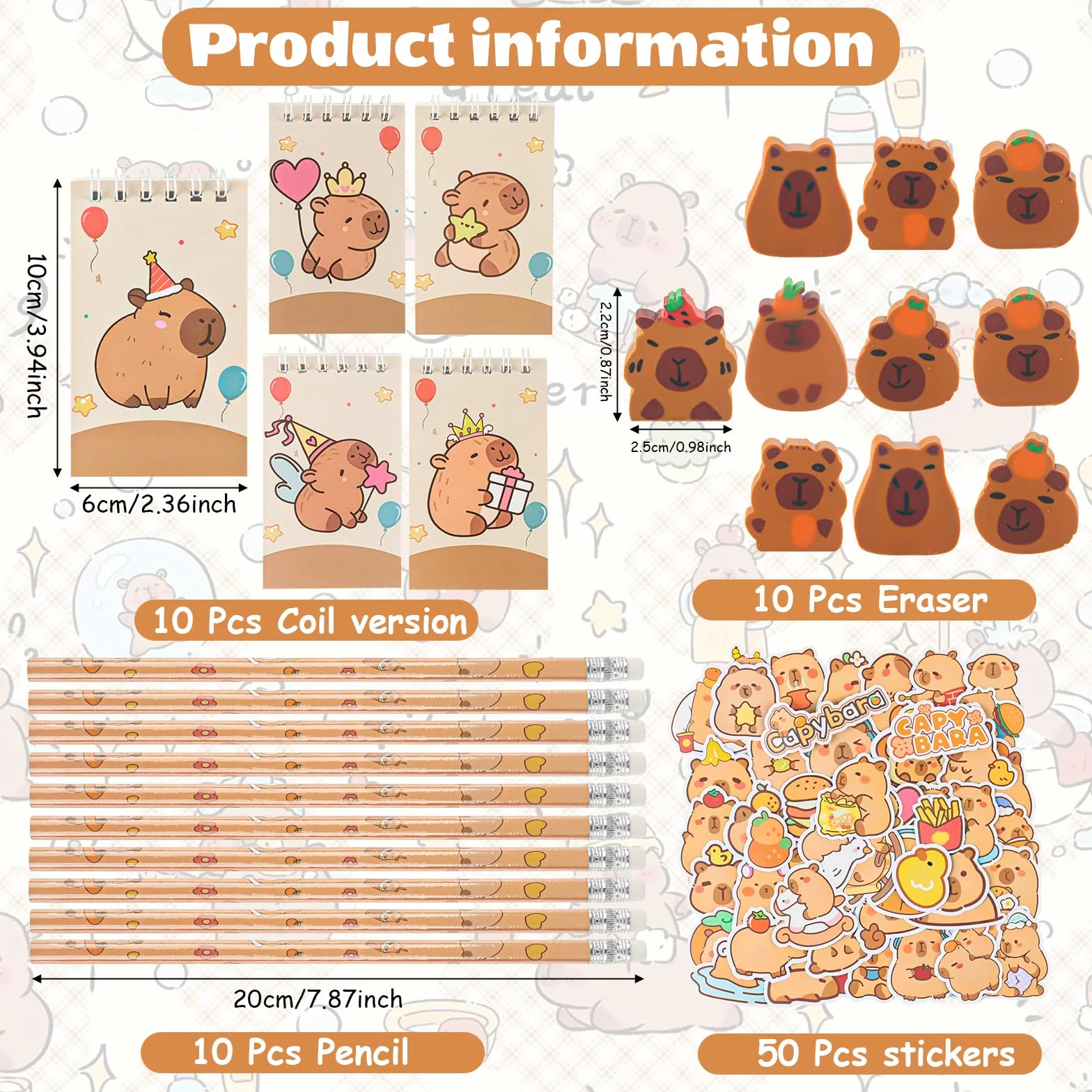 80Pcs Capybara Set de Fournitures Scolaires, Bloc-notes Spirale Autocollant Crayon Gomme, Cadeaux Anniversaire Filles Garçons